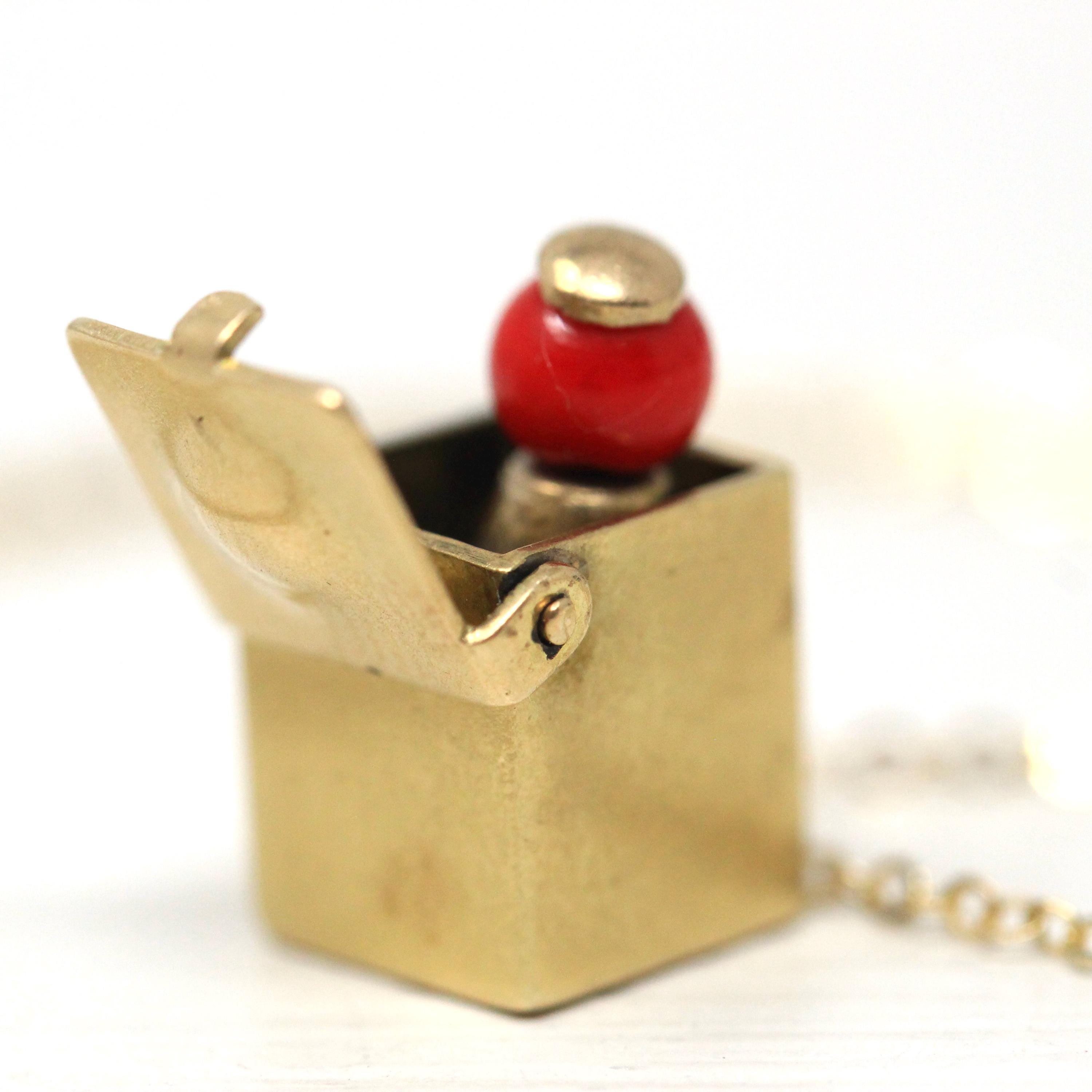 Jack-in-the Box-Charm - Vintage 14k Yellow Gold Moveable 3-D Pendant Necklace - Retro Circa 1960s Era Music Box Figural Pop Up Fine Jewelry