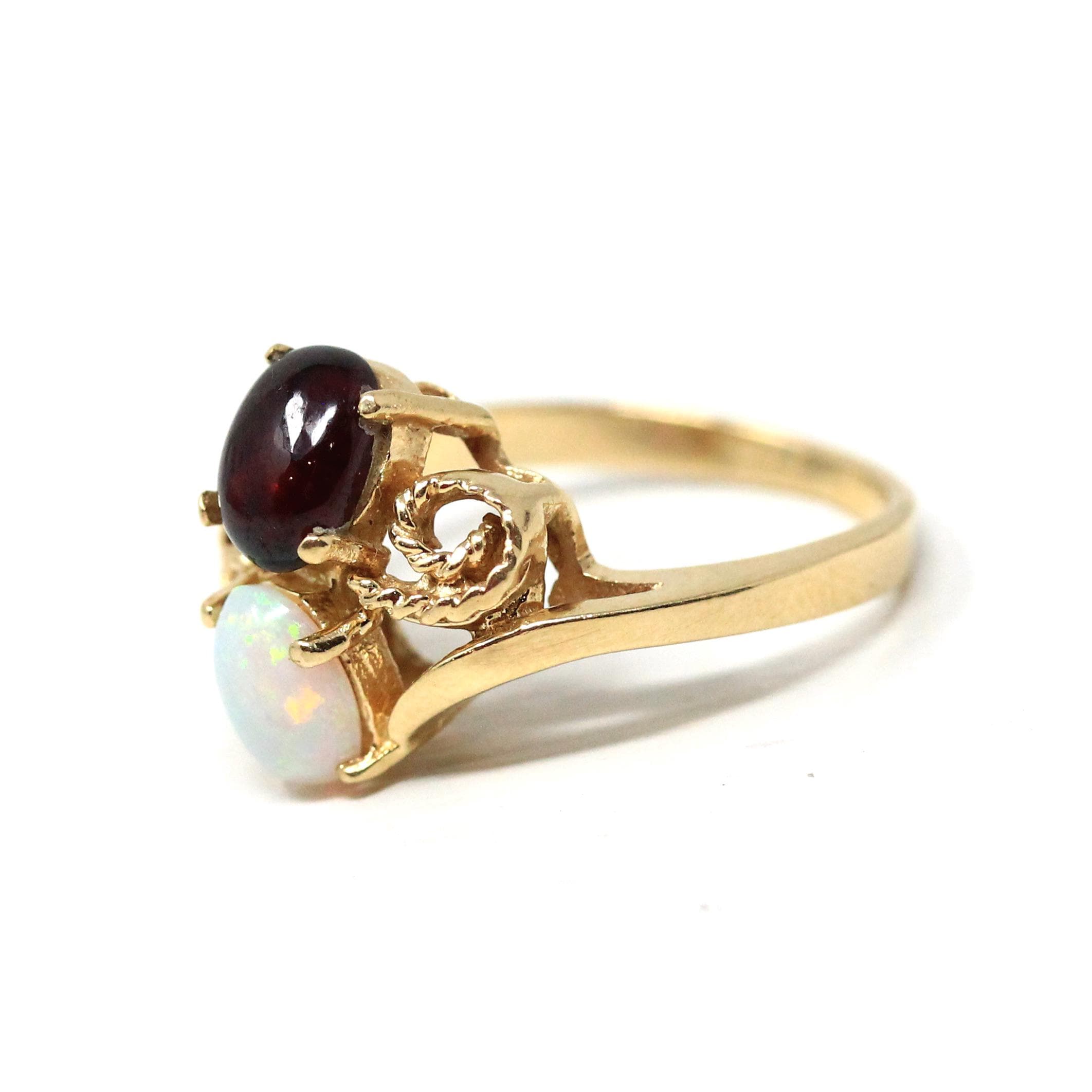 Toi Et Moi Ring - Modern Estate 14k Yellow Gold Natural Garnet and Opal - Circa 2000s Size 4 1/2 Fine January October Birthstone Jewelry