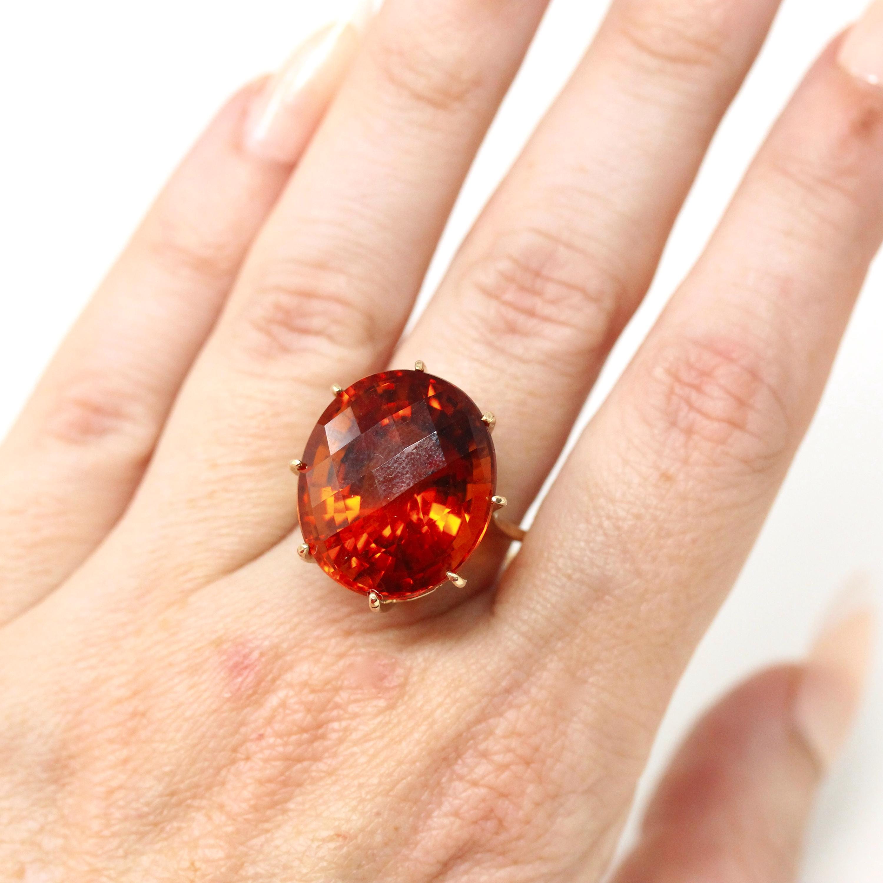 22 Carat Citrine Ring - Modern Estate 10k Yellow Gold Oval Faceted Natural Orange Gemstone - Circa 2000s Era Size 13 Fine November Jewelry