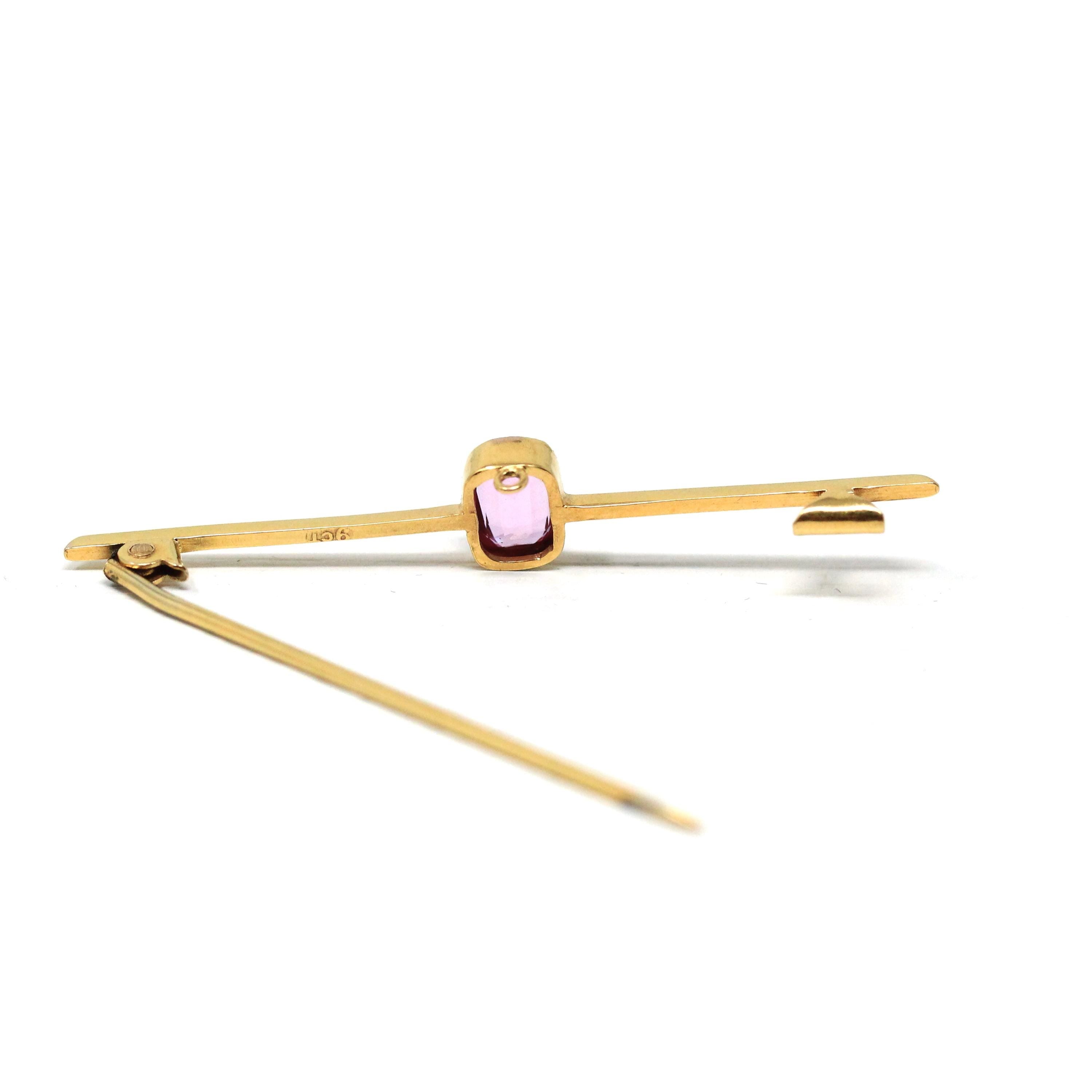 Simulated Pink Sapphire Brooch - Edwardian 9CT Yellow Gold Statement Pink Glass Bar Pin - Antique Circa 1910s Fashion Accessory Fine Jewelry