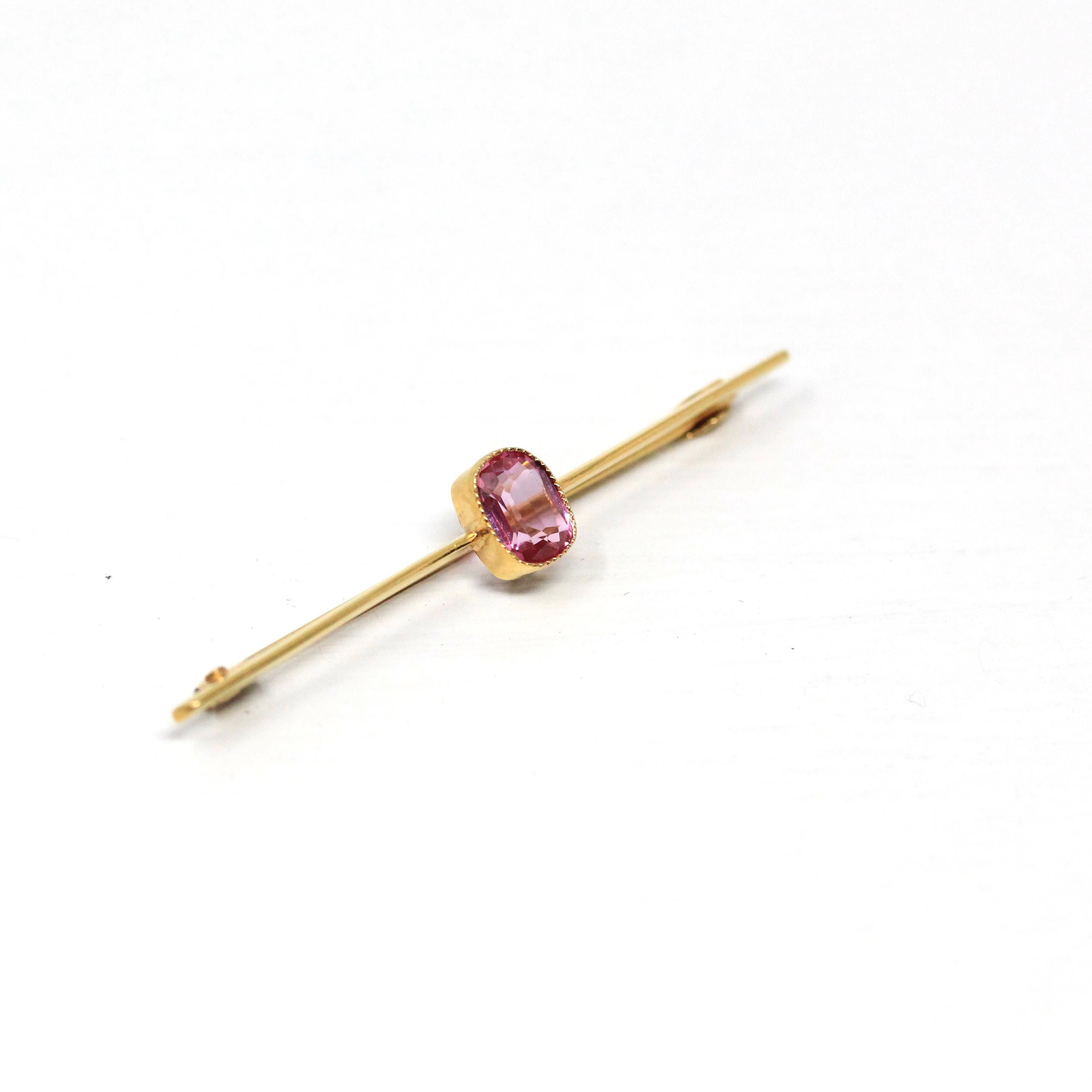 Simulated Pink Sapphire Brooch - Edwardian 9CT Yellow Gold Statement Pink Glass Bar Pin - Antique Circa 1910s Fashion Accessory Jewelry