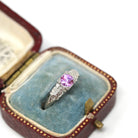 Pink Sapphire Ring - Mid Century 14k White Gold Natural Gemstone Square Setting - Vintage 1950s Size 6 Floral Fine 50s Engagement Jewelry