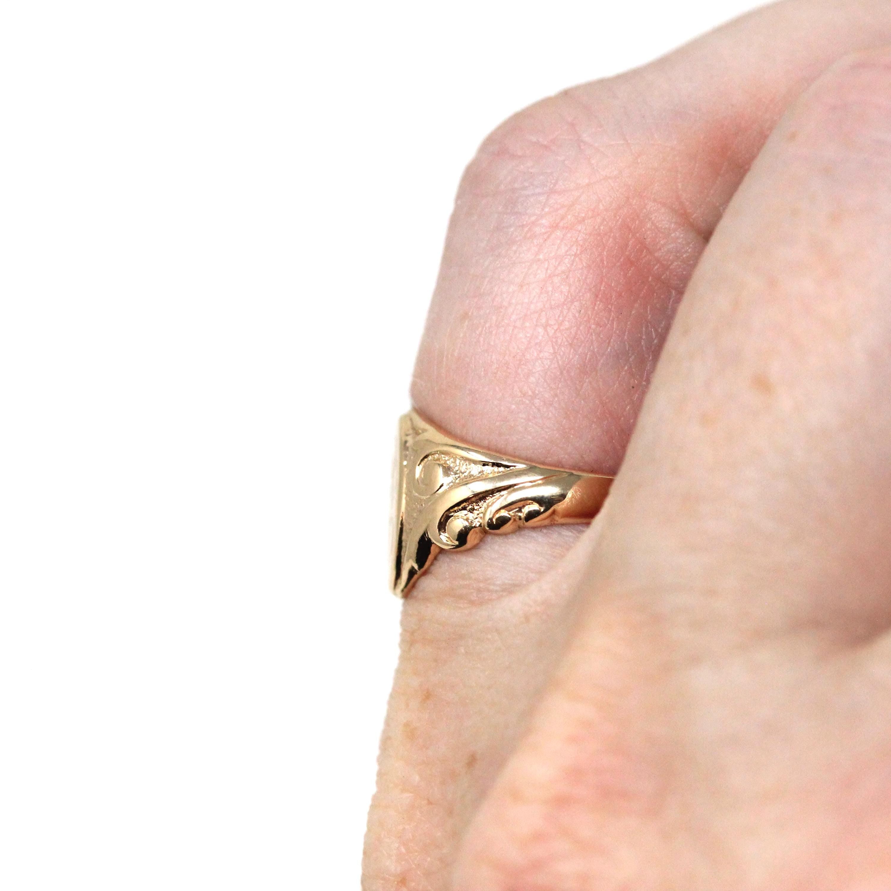 Edwardian Signet Ring - Antique 10k Rosy Yellow Gold RP Engraved Monogram Initials - Art Nouveau 1910s Era Size 4 1/2 Fine Scroll Jewelry