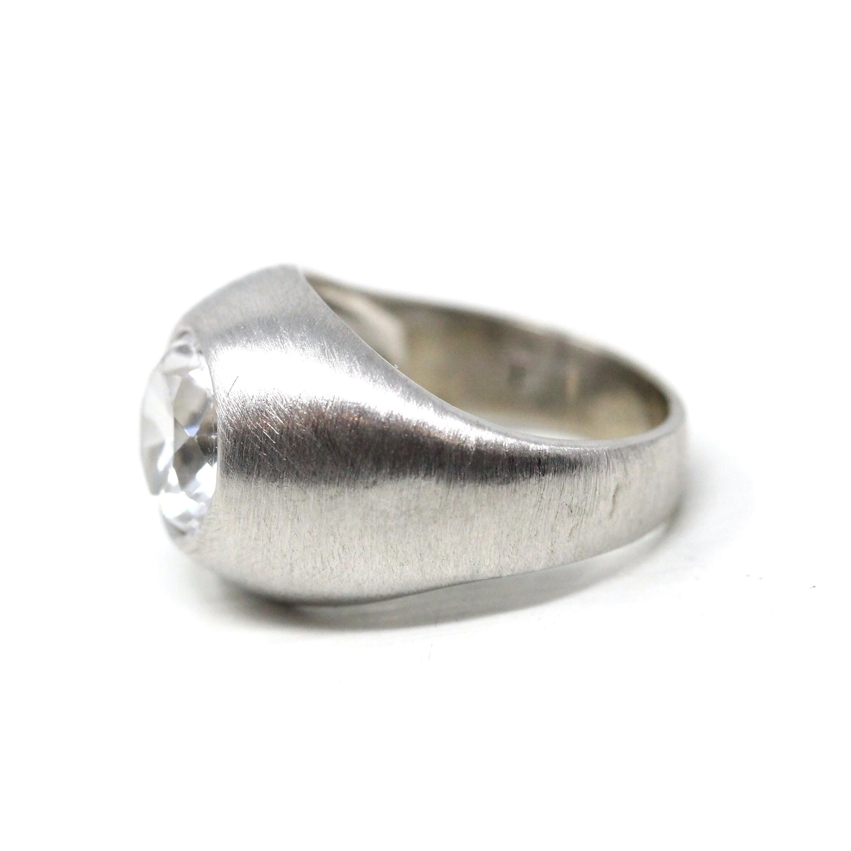 Created White Spinel Ring - Retro 10k White Gold Chunky Statement - Vintage 1960s Era Size 4 1/2 Men's Unisex Brushed Finish Fine Jewelry