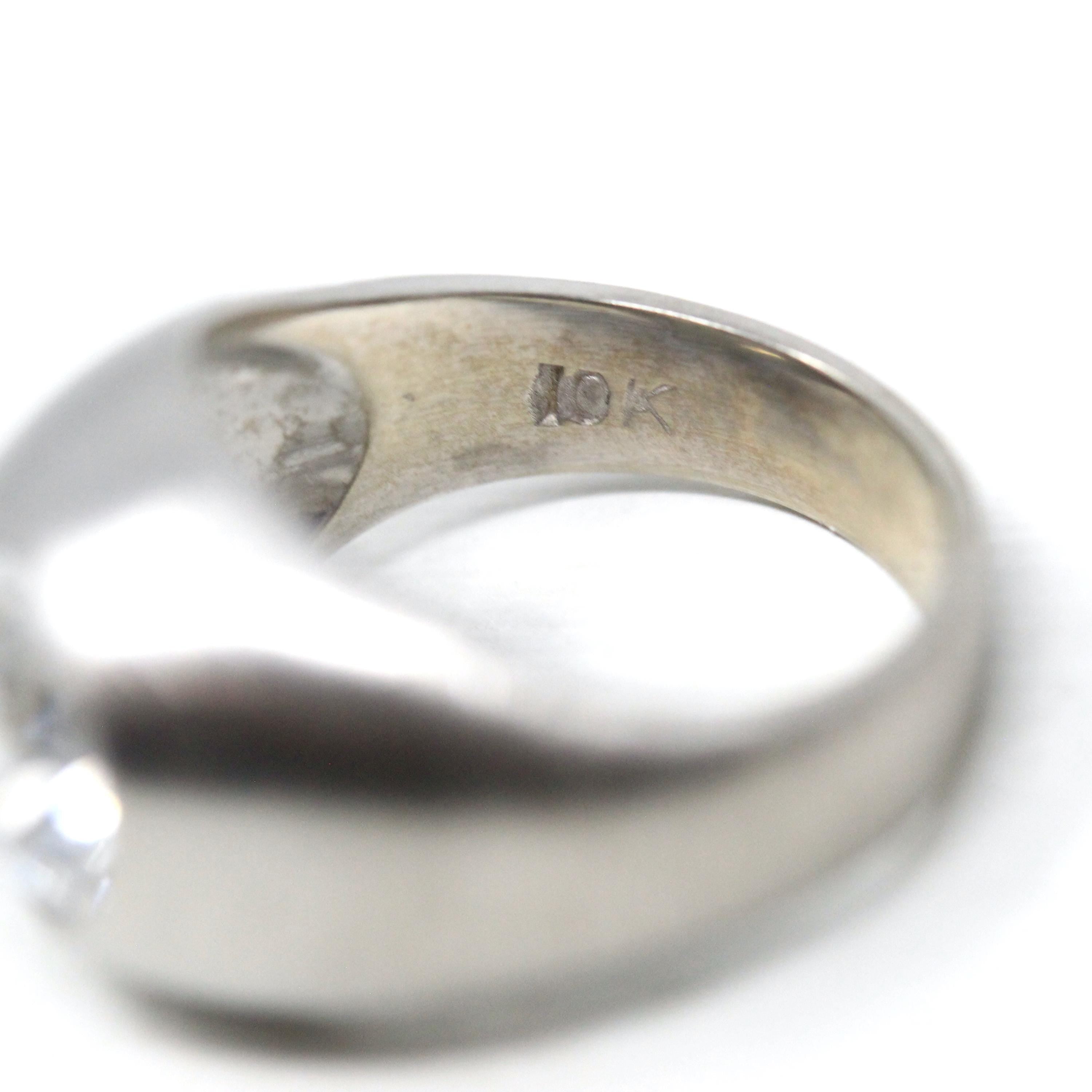 Created White Spinel Ring - Retro 10k White Gold Chunky Statement - Vintage 1960s Era Size 4 1/2 Men's Unisex Brushed Finish Fine Jewelry