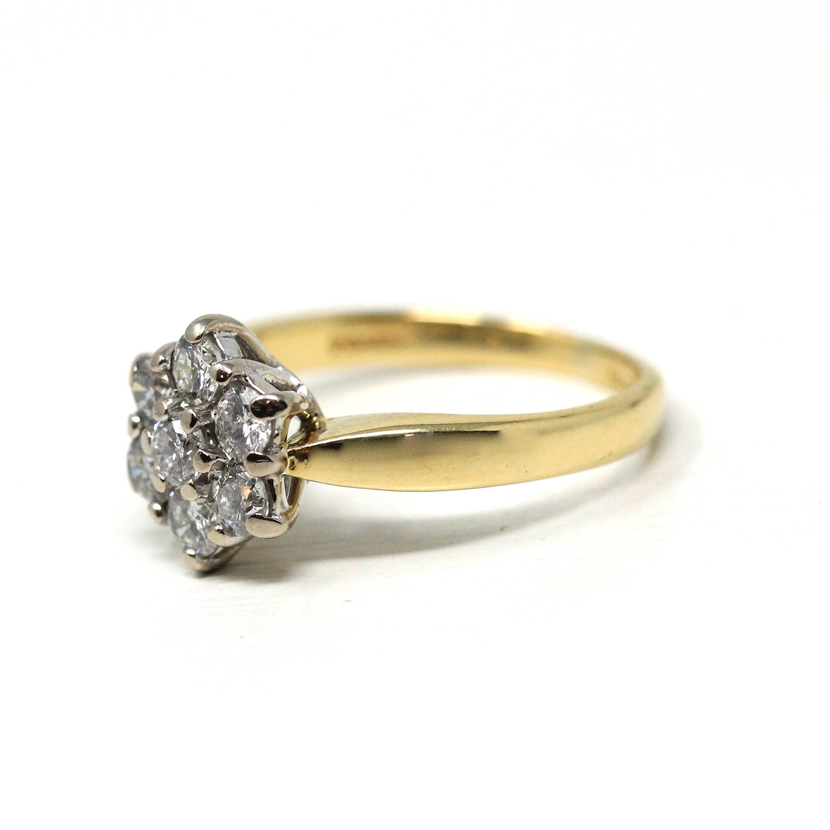 Diamond Snowflake Ring - Estate 18k Gold Natural Gemstone Cluster - Modern 1990s Size 6 3/4 Engagement Bridal Halo Fine Statement Jewelry