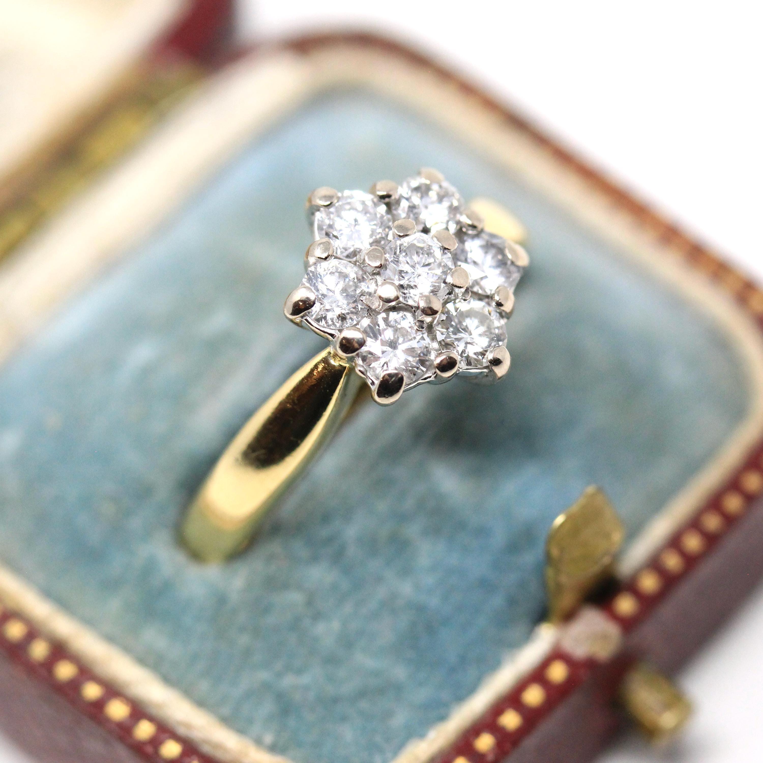 Diamond Snowflake Ring - Estate 18k Gold Natural Gemstone Cluster - Modern 1990s Size 6 3/4 Engagement Bridal Halo Fine Statement Jewelry