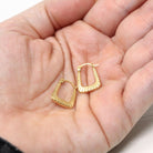 Modern Square Hoop Earrings - Estate 9k Yellow Gold Latch Lever Backs - Vintage Circa 2000's Era Etched Groove UK Statement Fine Jewelry