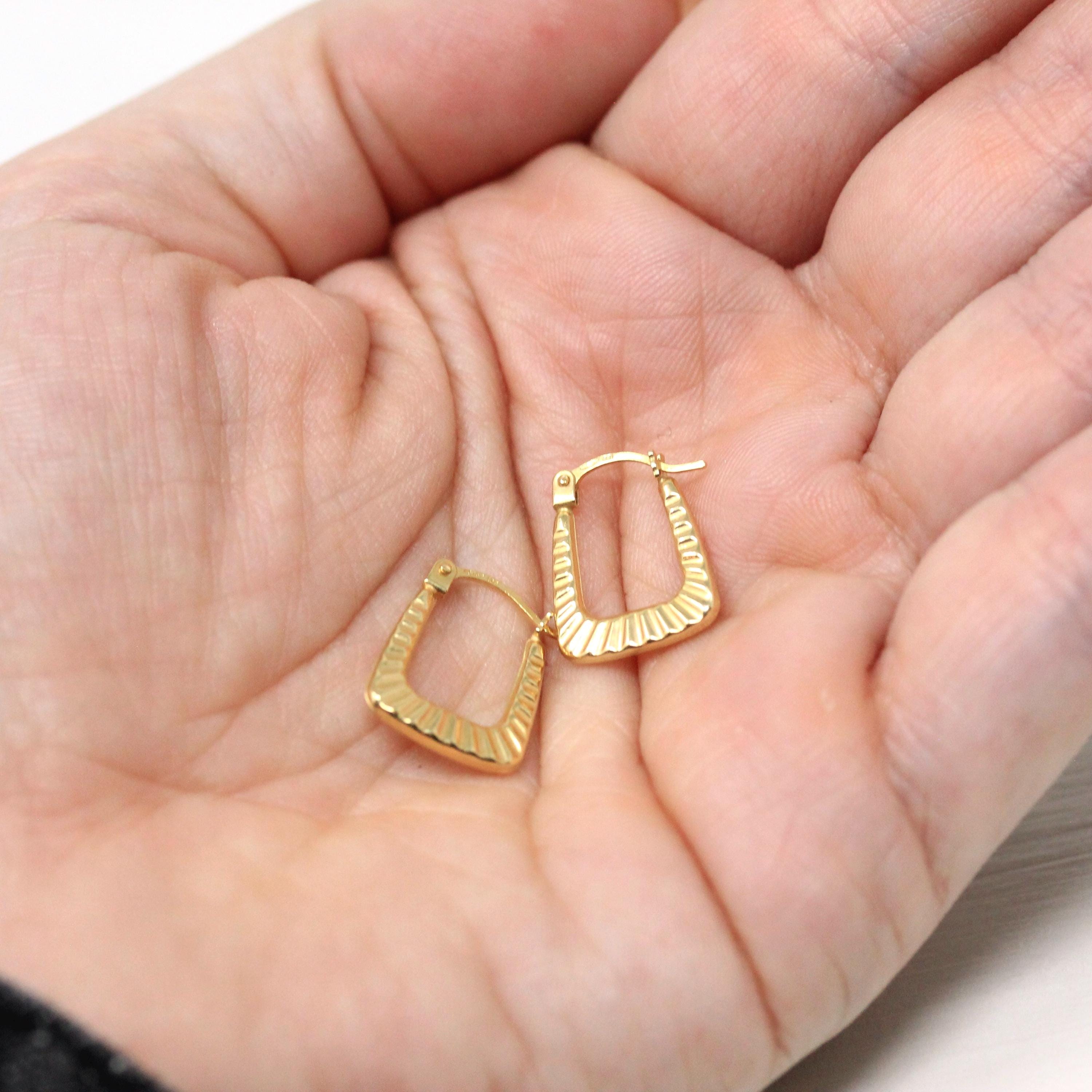 Modern Square Hoop Earrings - Estate 9k Yellow Gold Latch Lever Backs - Vintage Circa 2000's Era Etched Groove UK Statement Fine Jewelry