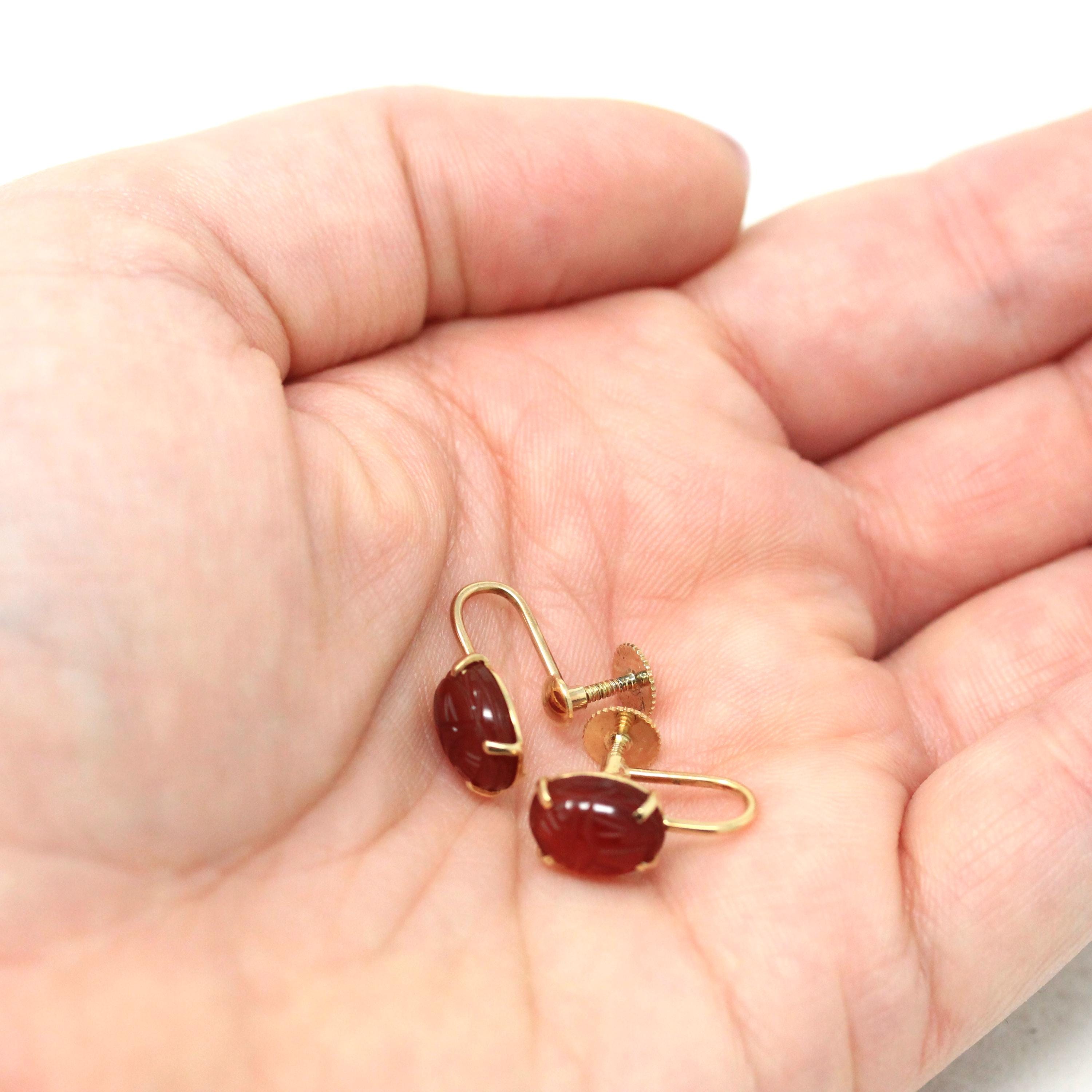 Vintage Scarab Earrings - Retro 14k Yellow Gold Carved Natural Carnelian Gemstones - Circa 1960s Era Egyptian Revival Style Beetle Jewelry