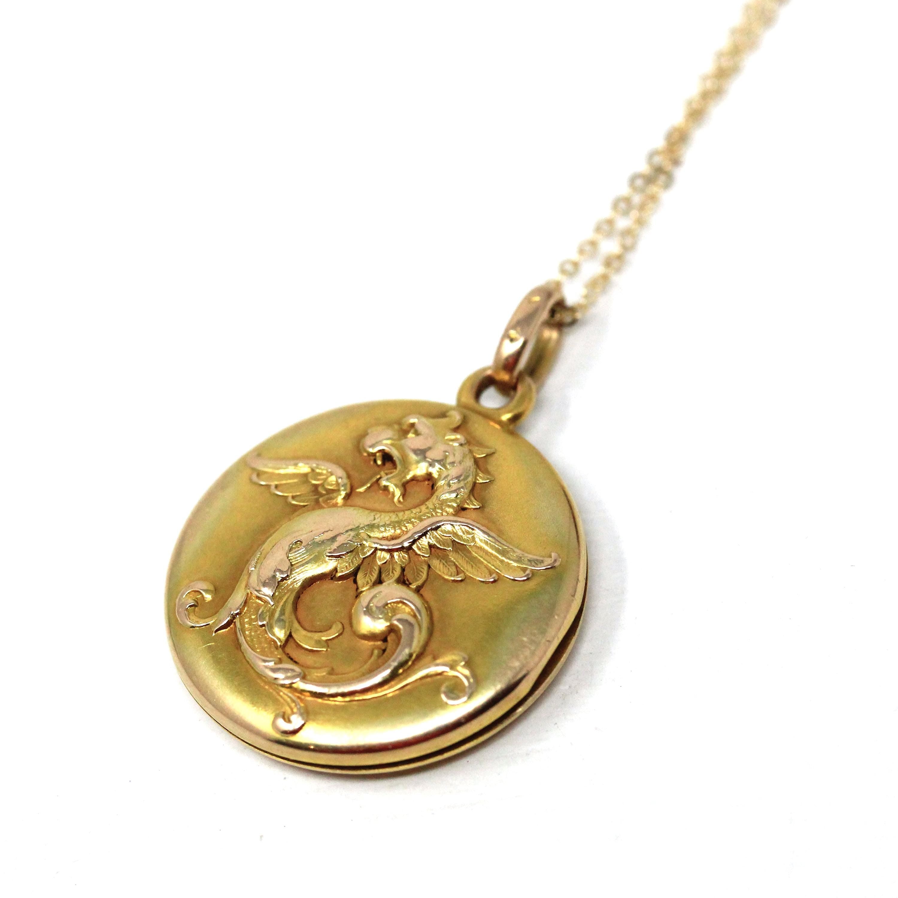 Antique Griffin Locket - Edwardian 14k Yellow Gold Keepsake Pendant Charm - Vintage Circa 1900s Era Mythological Beast Monogrammed Jewelry