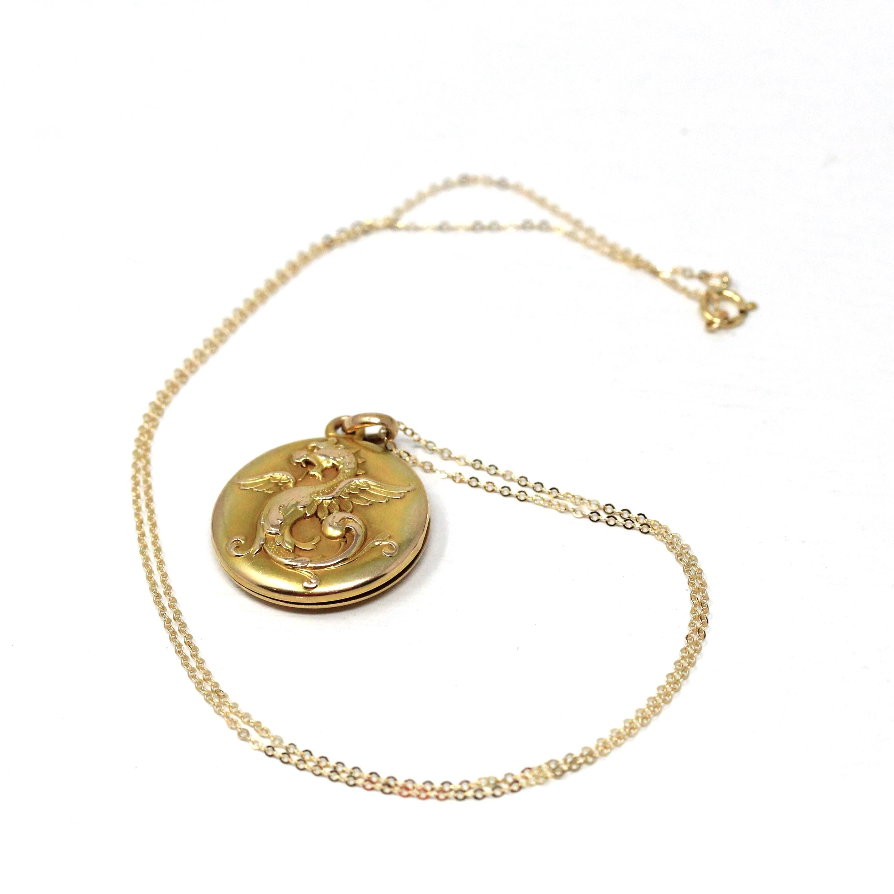 Antique Griffin Locket - Edwardian 14k Yellow Gold Keepsake Pendant Charm - Vintage Circa 1900s Era Mythological Beast Monogrammed Jewelry