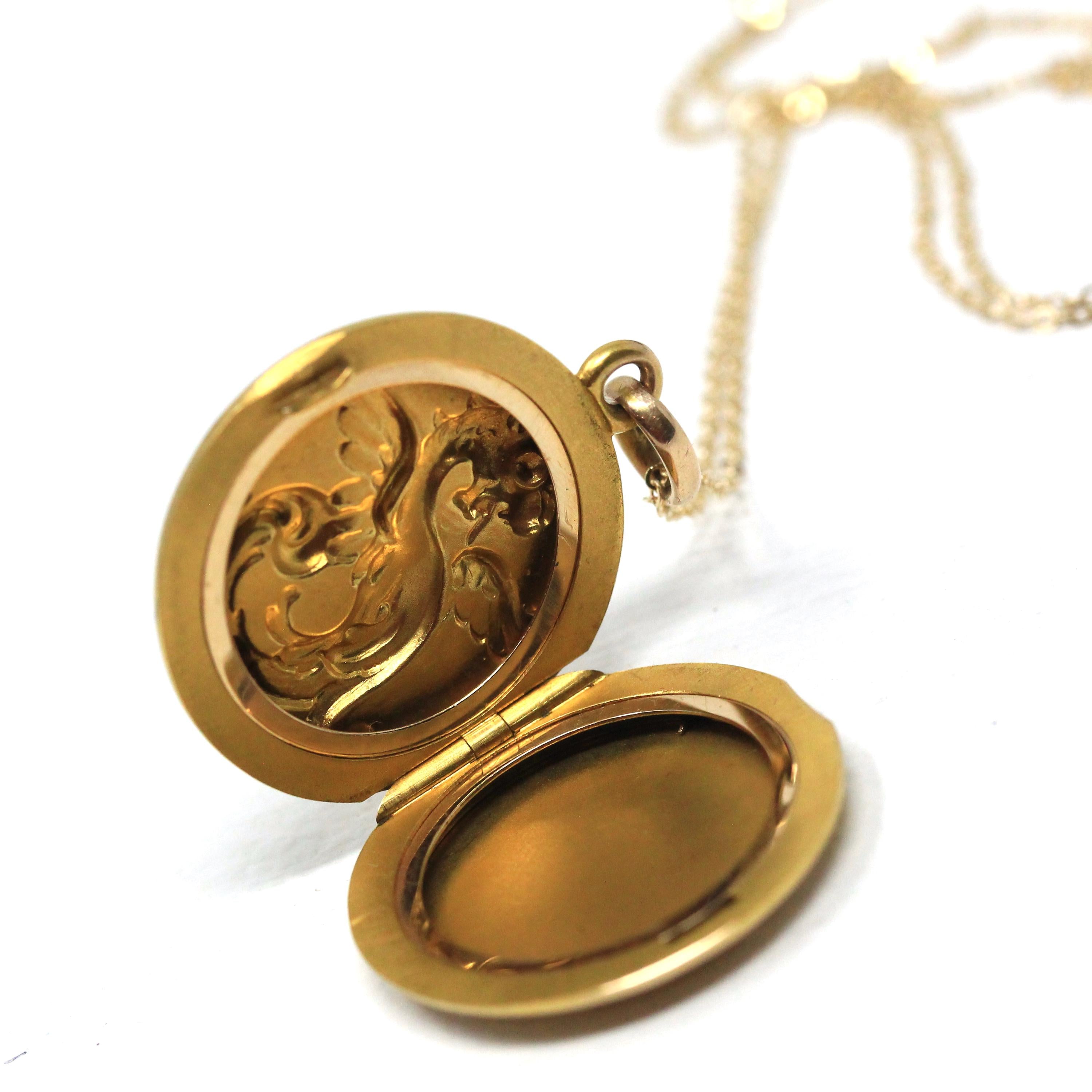 Antique Griffin Locket - Edwardian 14k Yellow Gold Keepsake Pendant Charm - Vintage Circa 1900s Era Mythological Beast Monogrammed Jewelry