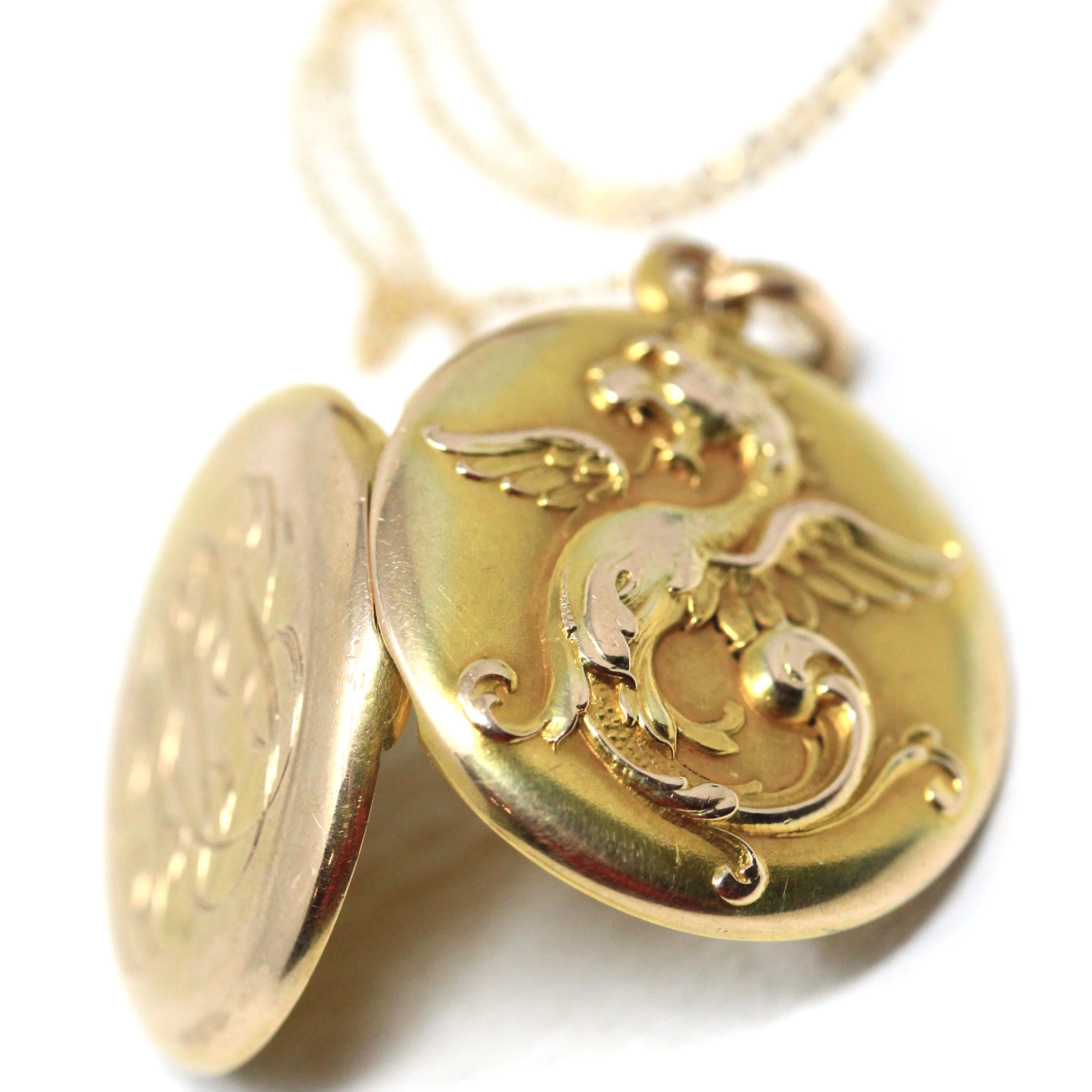 Antique Griffin Locket - Edwardian 14k Yellow Gold Keepsake Pendant Charm - Vintage Circa 1900s Era Mythological Beast Monogrammed Jewelry