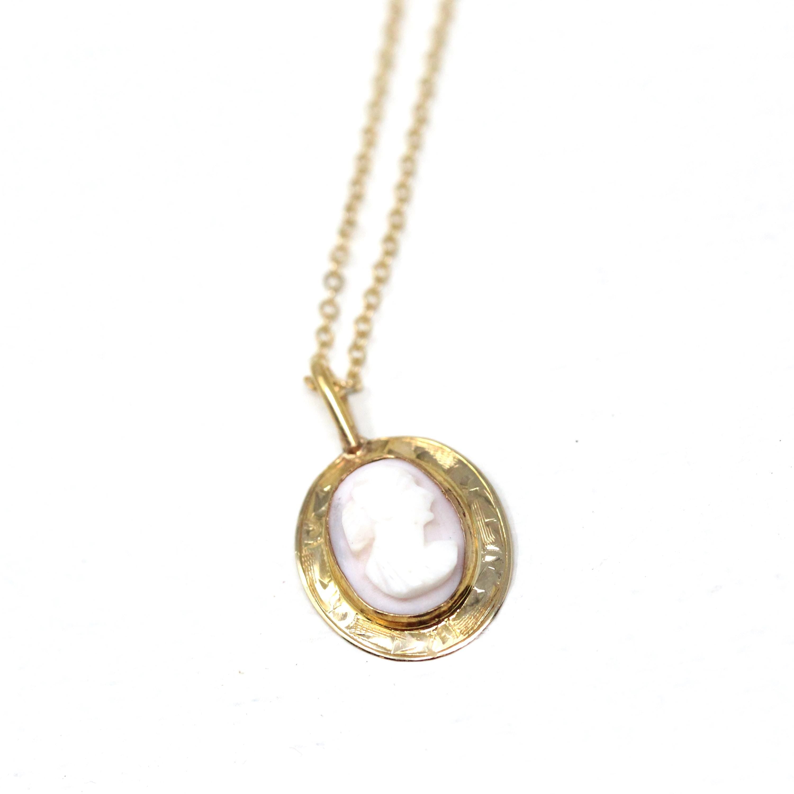 Antique Cameo Necklace - Edwardian 10k Yellow Gold Carved Pink White Shell Pendant - Vintage Circa 1910s Era Fashion Accessory Fine Jewelry