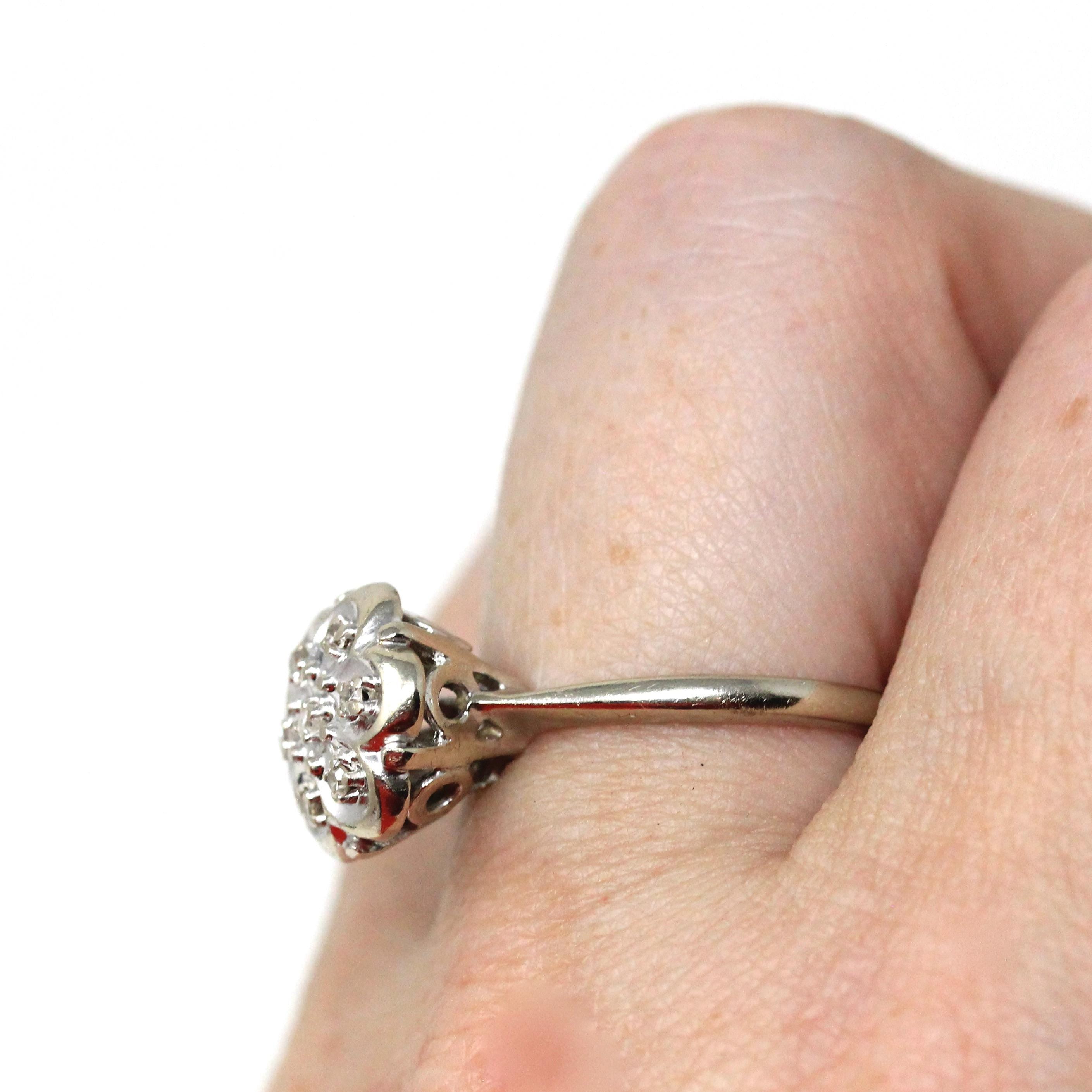 Diamond Cluster Ring - Retro 14k White Gold Natural .14 CTW Gems - Mid Century Vintage Circa 1960s Size 6 1/4 Engagement Halo Fine Jewelry