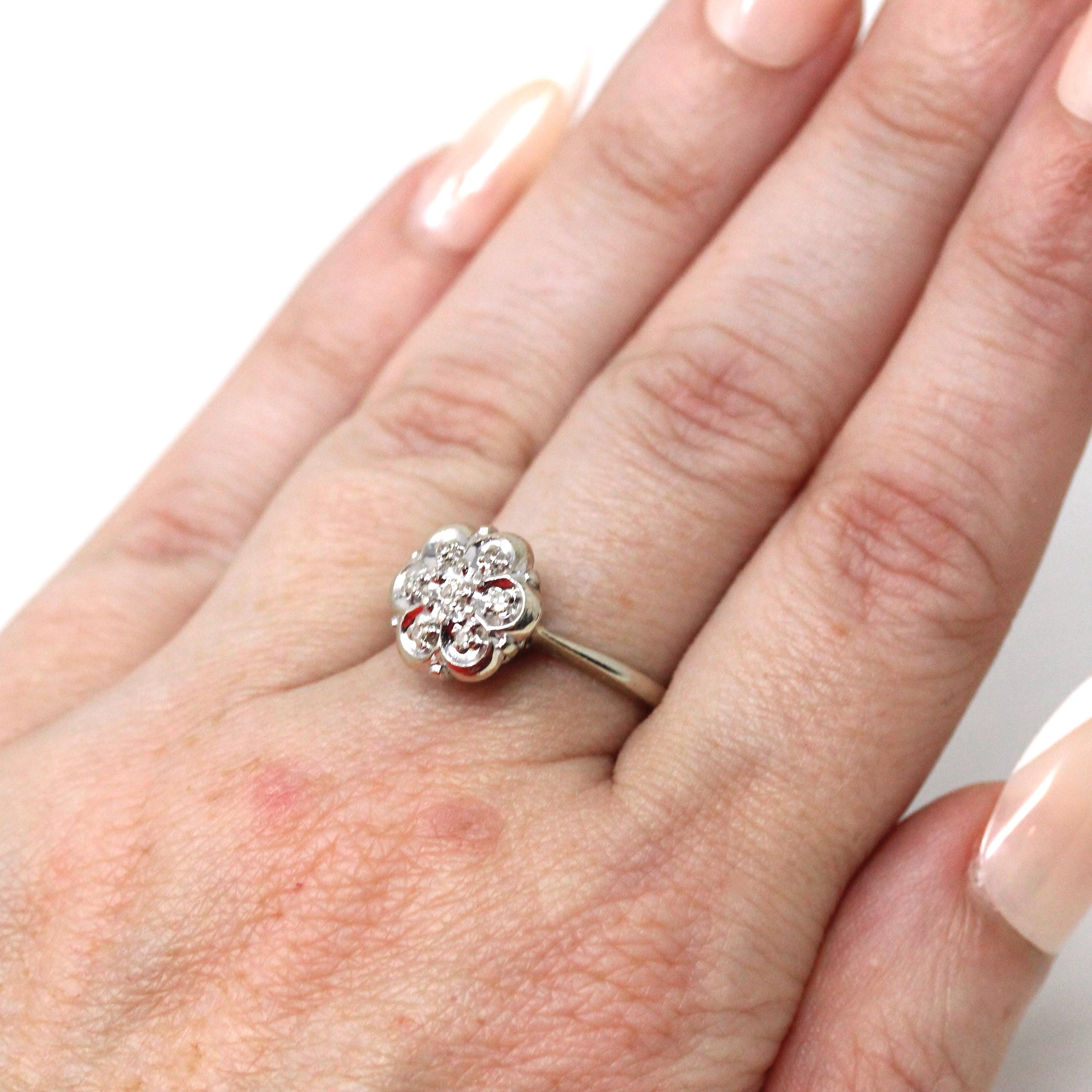 Diamond Cluster Ring - Retro 14k White Gold Natural .14 CTW Gems - Mid Century Vintage Circa 1960s Size 6 1/4 Engagement Halo Fine Jewelry