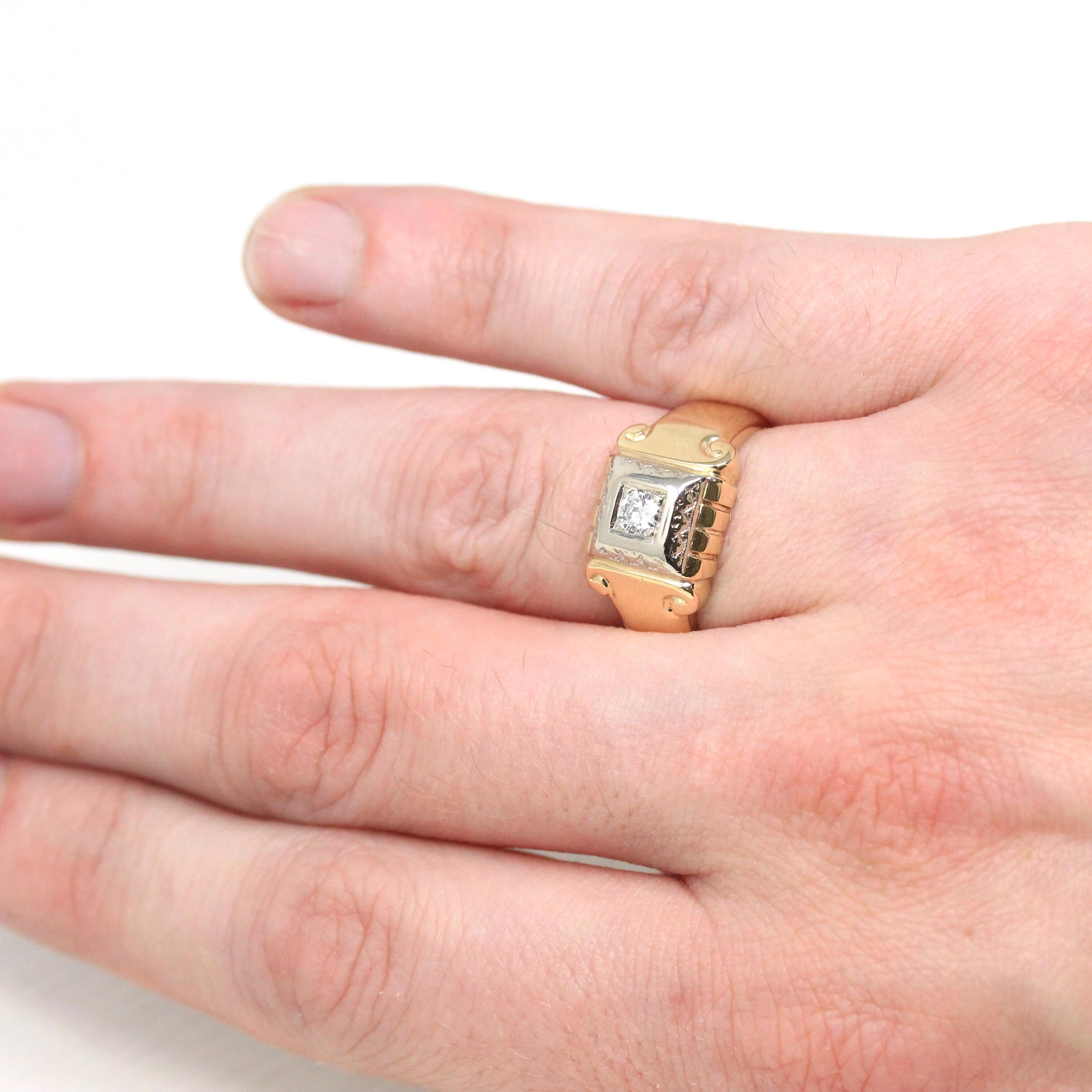 Vintage Diamond Ring - Retro 14k Yellow & White Gold .20 CT Unisex Men's Band - Circa 1940s Era Size 8 1/4 Two Tone Engagement Fine Jewelry