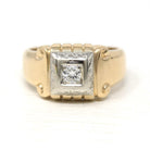 Vintage Diamond Ring - Retro 14k Yellow & White Gold .20 CT Unisex Men's Band - Circa 1940s Era Size 8 1/4 Two Tone Engagement Fine Jewelry