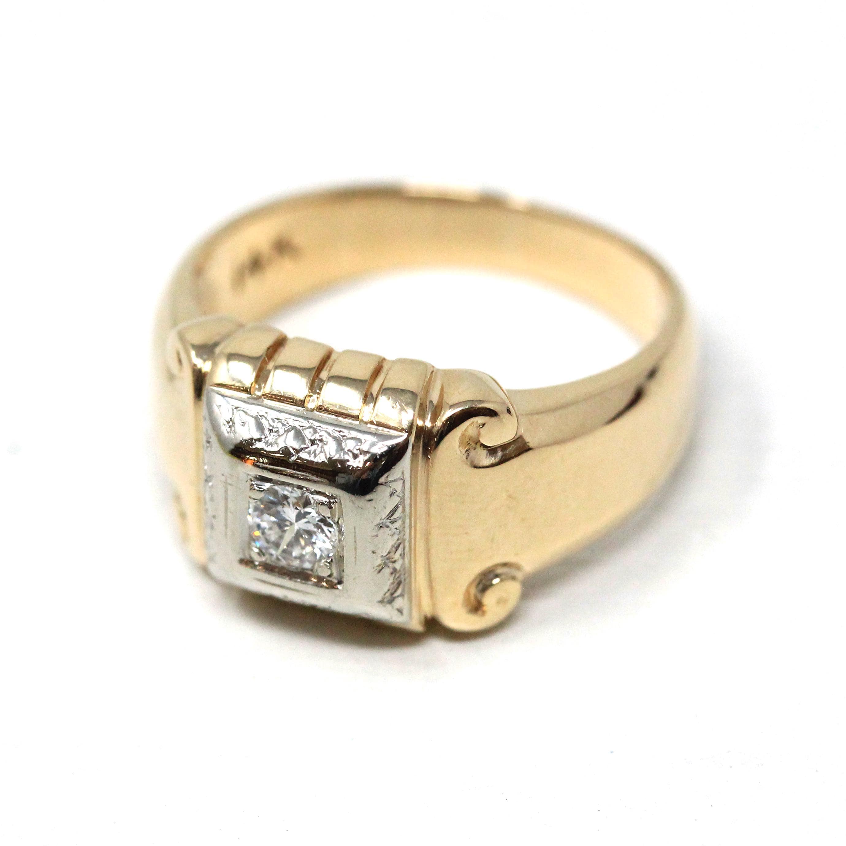 Vintage Diamond Ring - Retro 14k Yellow & White Gold .20 CT Unisex Men's Band - Circa 1940s Era Size 8 1/4 Two Tone Engagement Fine Jewelry