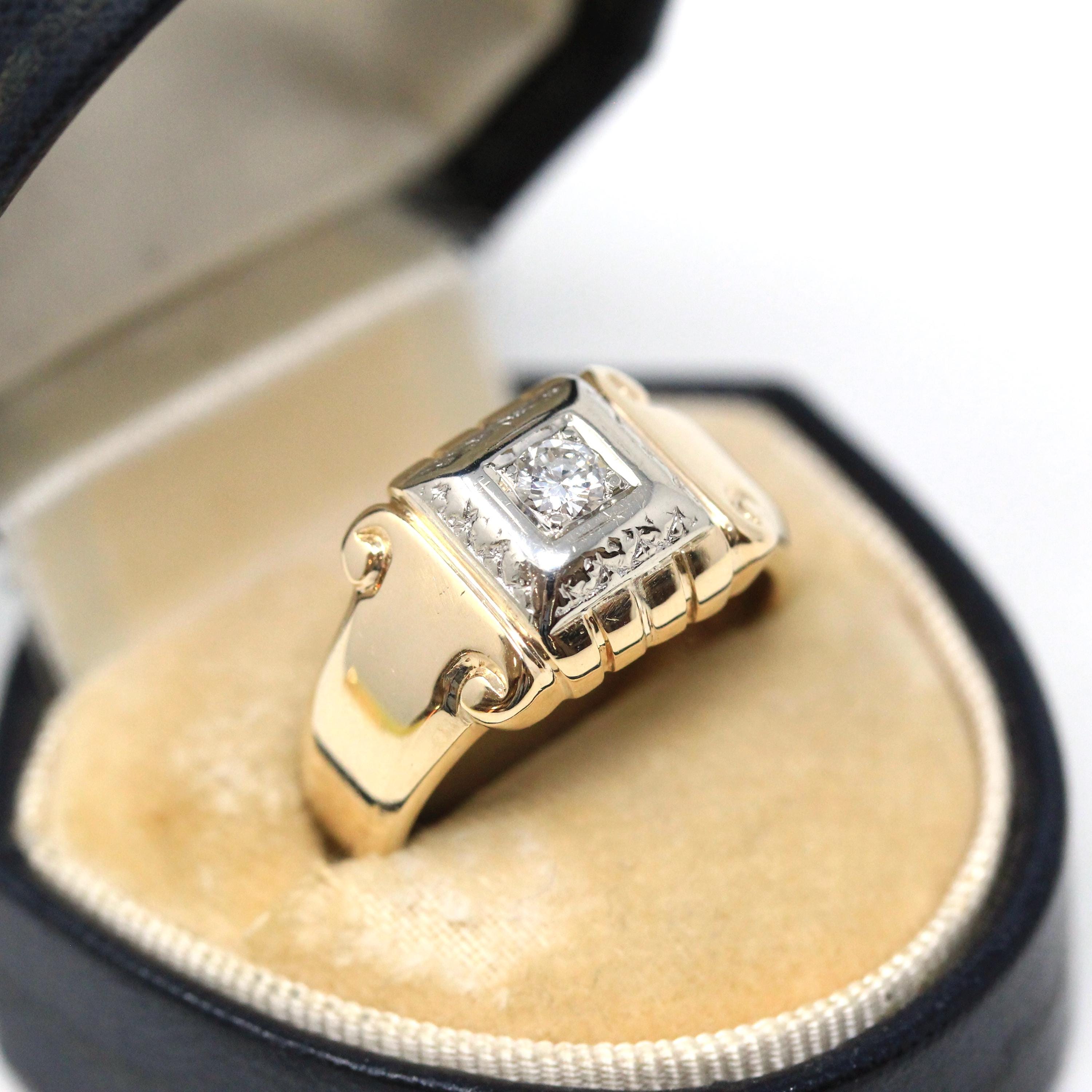Vintage Diamond Ring - Retro 14k Yellow & White Gold .20 CT Unisex Men's Band - Circa 1940s Era Size 8 1/4 Two Tone Engagement Fine Jewelry