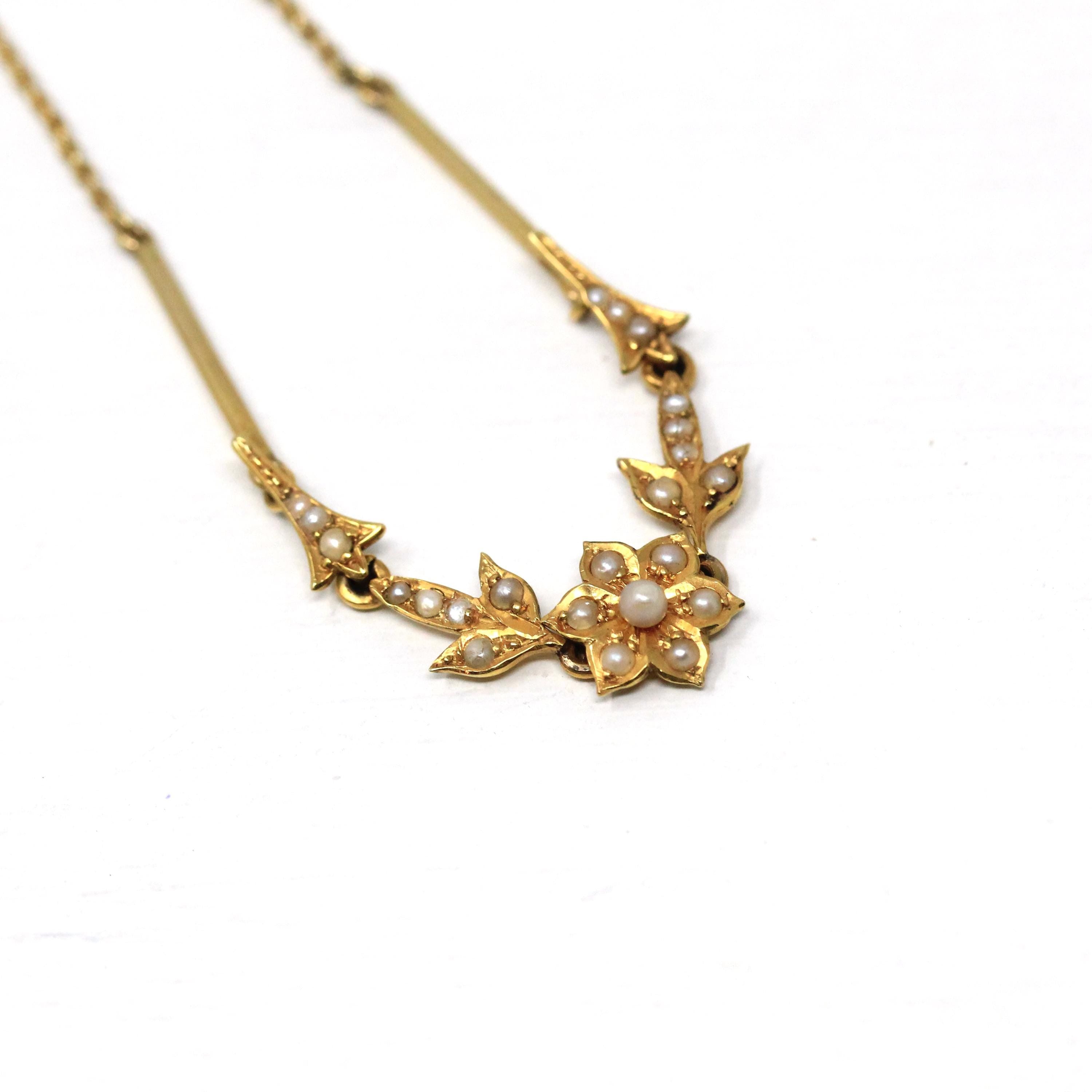 Antique Flower Necklace Edwardian 18k Yellow Gold Chain Seed