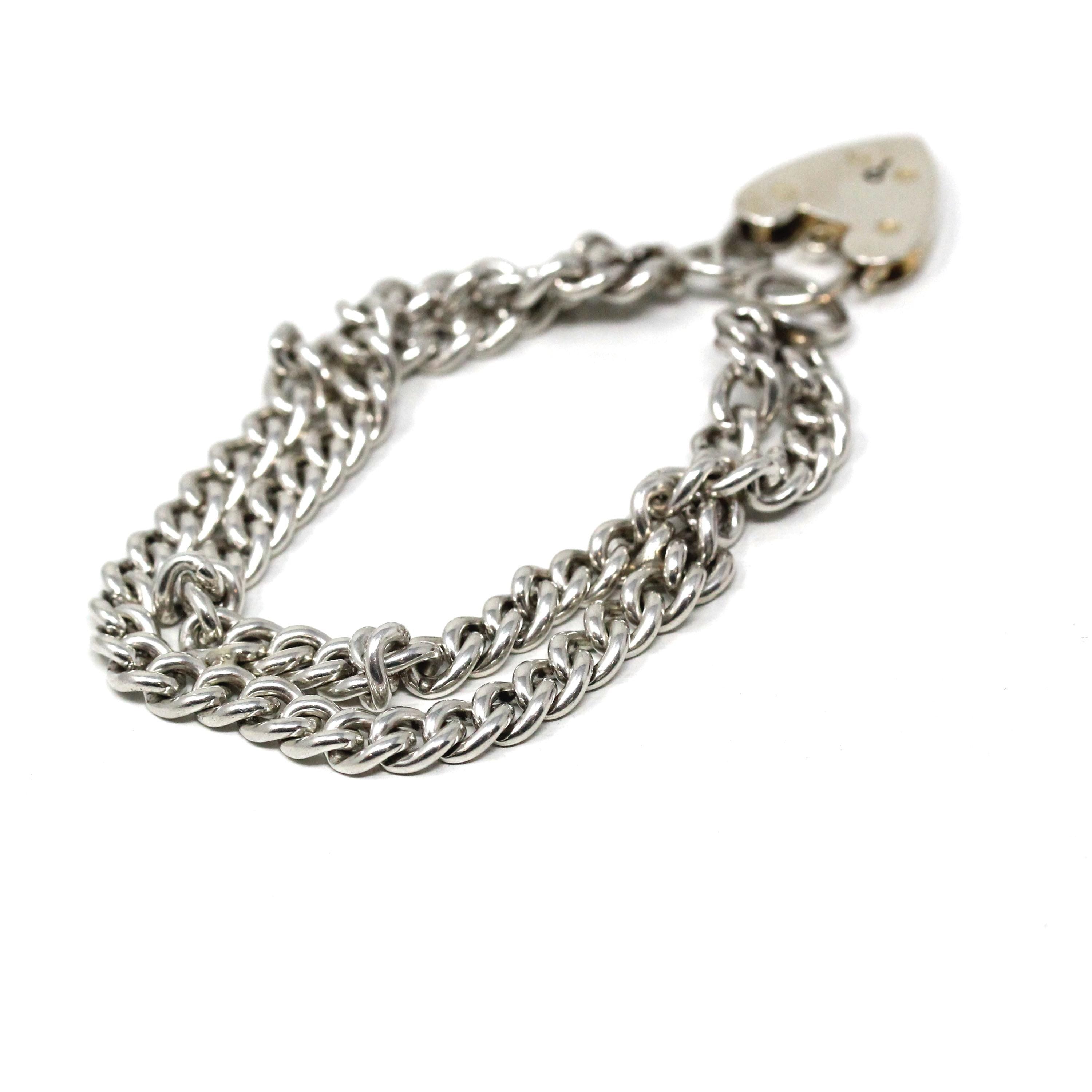 Vintage Padlock Bracelet - Retro Sterling Silver Two Tone Heart Charm English Linked Bracelet - Hallmarked 1965 Curb Link Chain Fine Jewelry