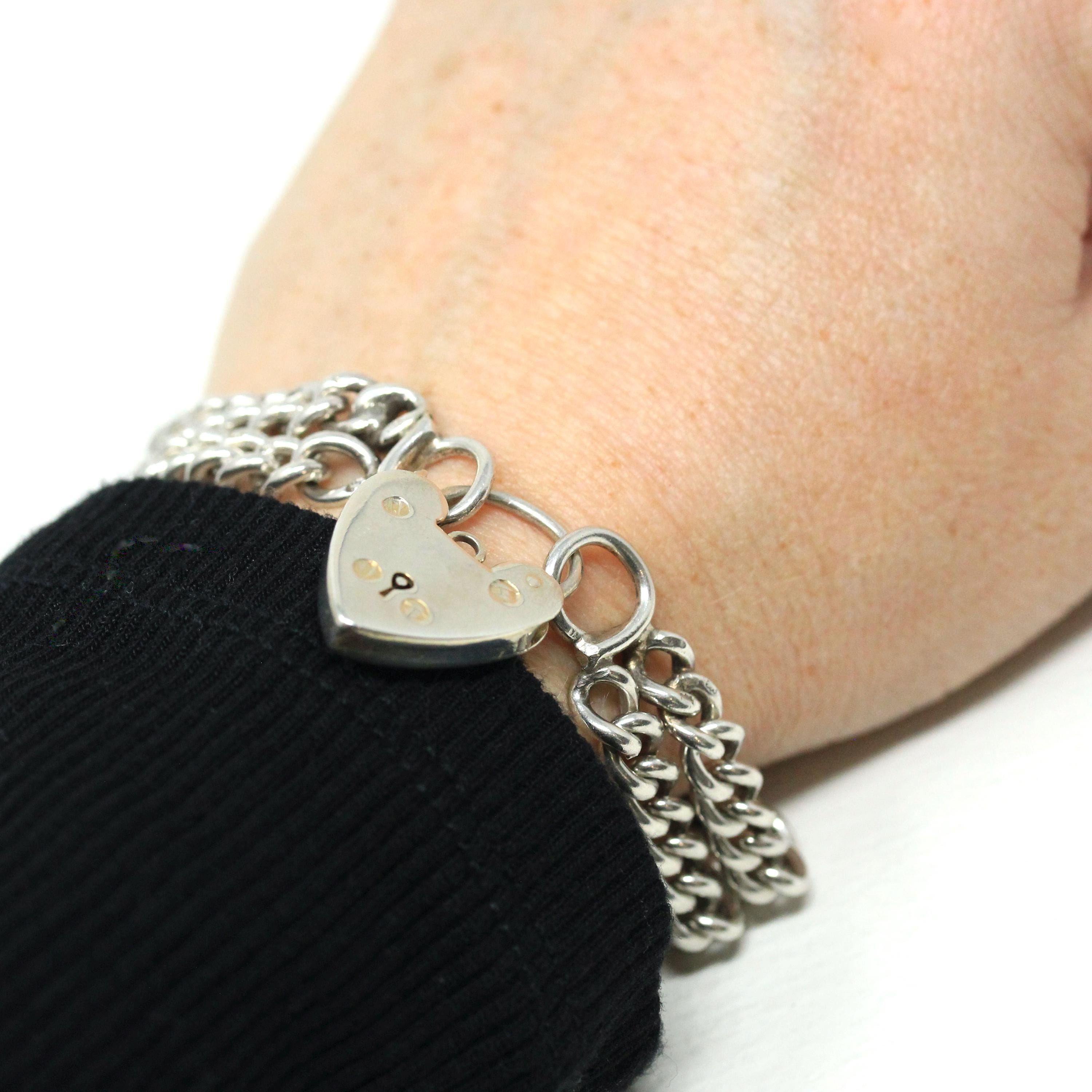 Vintage Padlock Bracelet - Retro Sterling Silver Two Tone Heart Charm English Linked Bracelet - Hallmarked 1965 Curb Link Chain Fine Jewelry