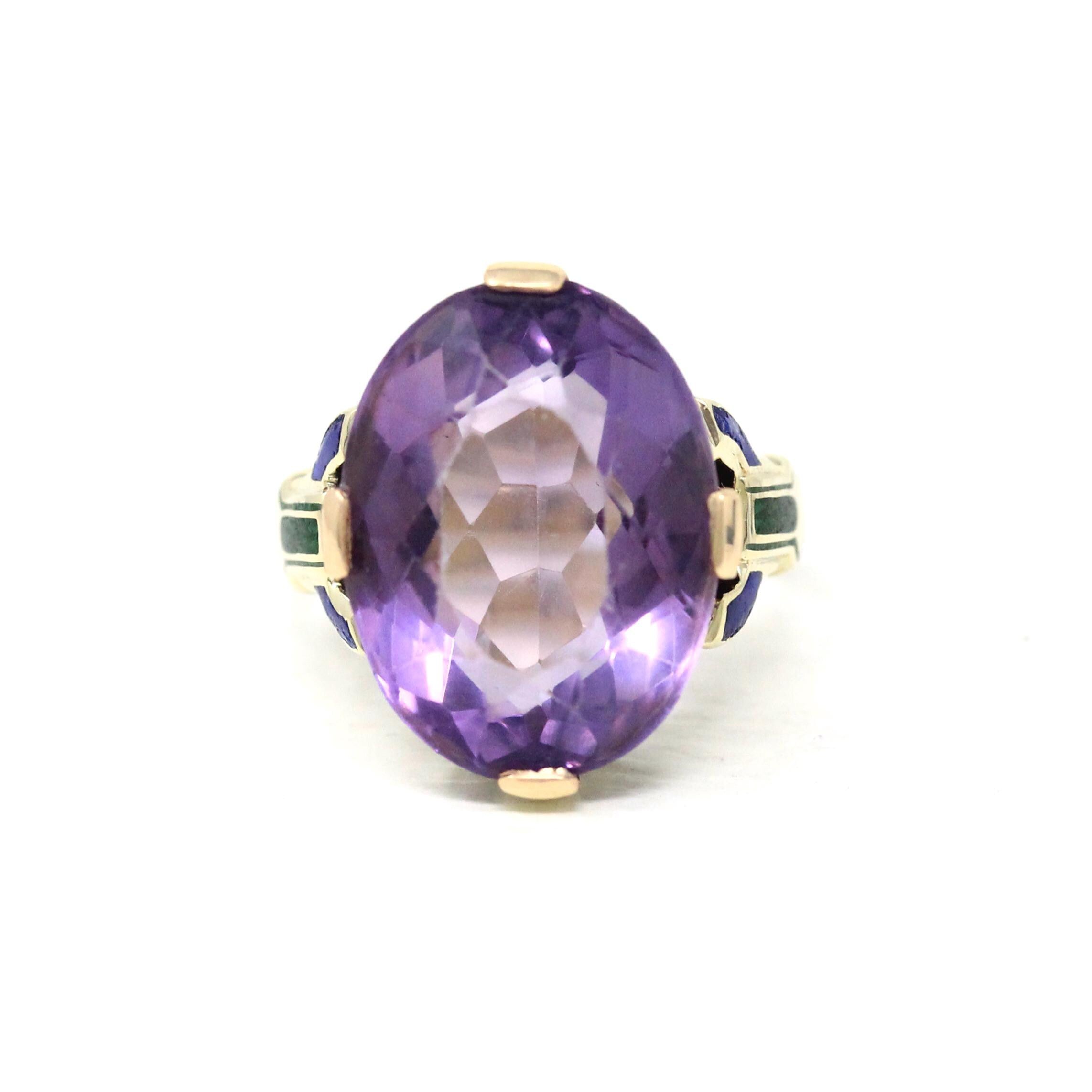 Art Deco Amethyst Ring - Vintage 14k Yellow Gold Natural Purple Gemstone Statement - Circa 1930s Era Size 4 1/2 Enamel Flowers Fine Jewelry