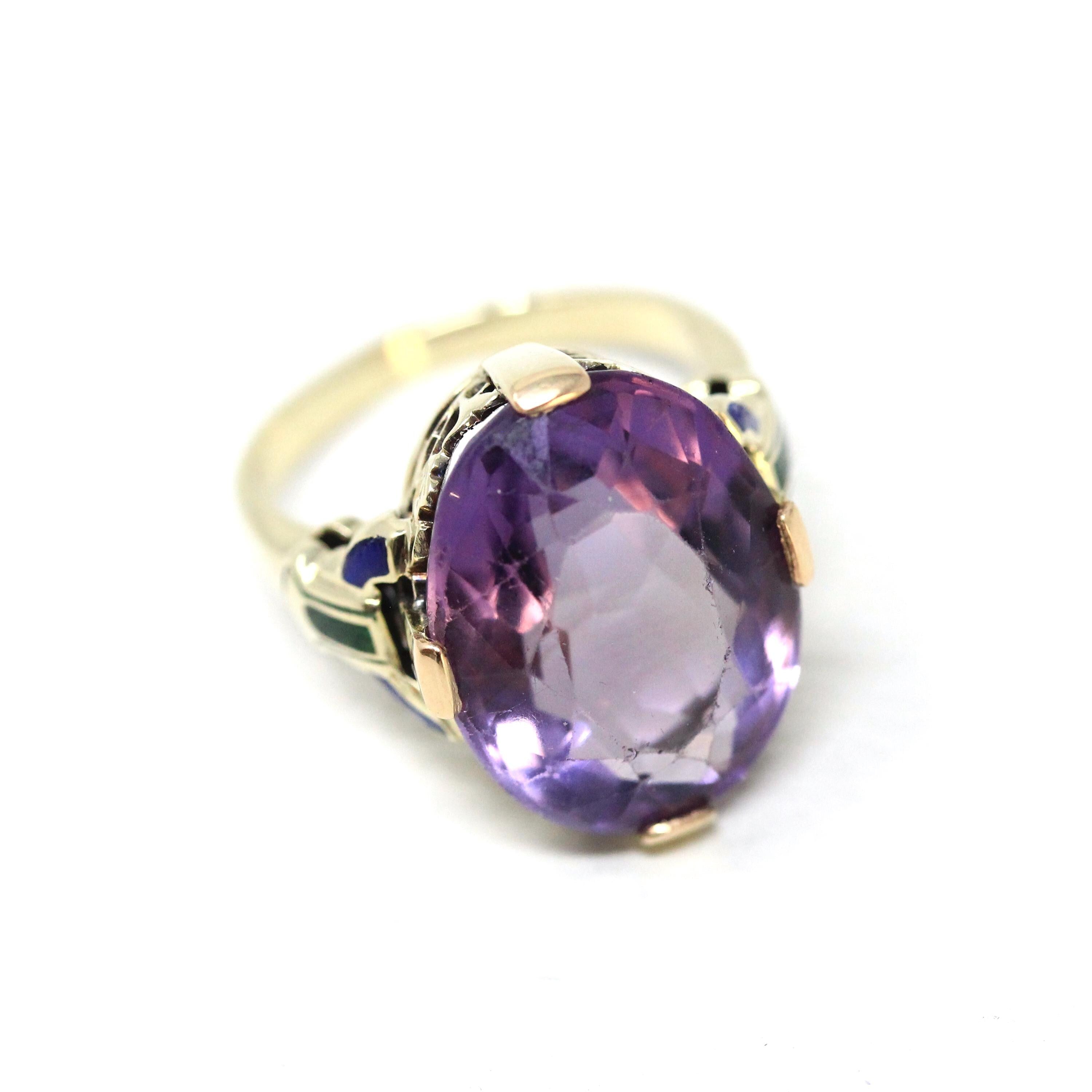 Art Deco Amethyst Ring - Vintage 14k Yellow Gold Natural Purple Gemstone Statement - Circa 1930s Era Size 4 1/2 Enamel Flowers Fine Jewelry