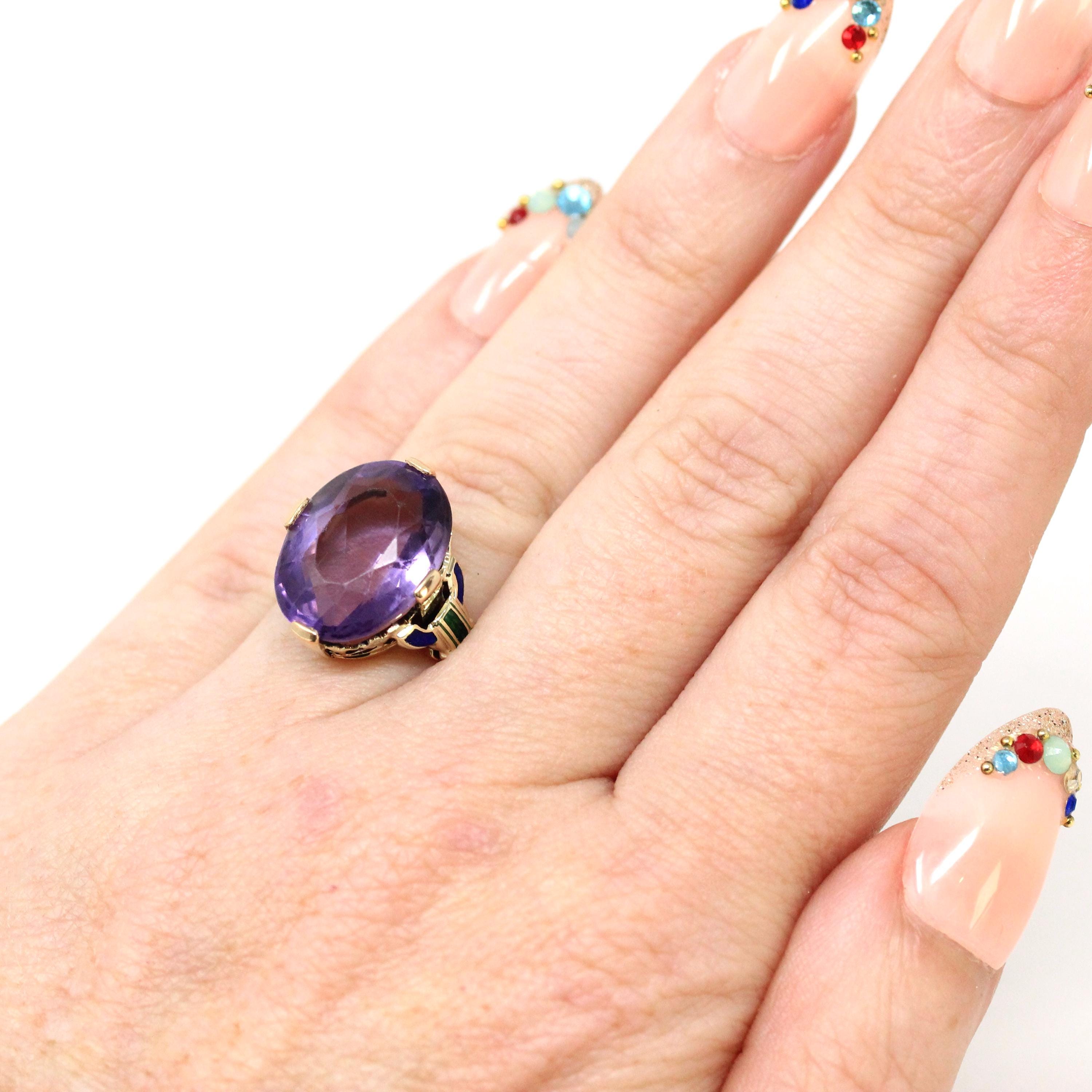 Art Deco Amethyst Ring - Vintage 14k Yellow Gold Natural Purple Gemstone Statement - Circa 1930s Era Size 4 1/2 Enamel Flowers Fine Jewelry