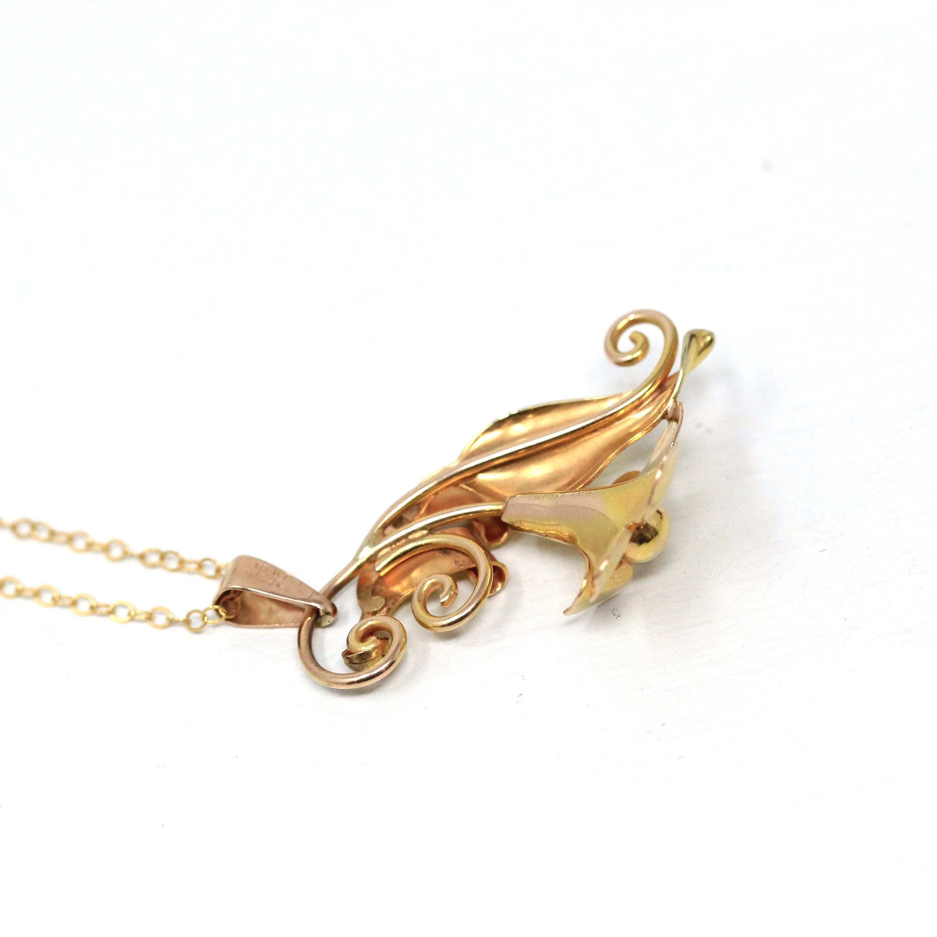 Vintage Flower Pendant - Retro 10k Two Tone Rose & Yellow Gold Necklace - Circa 1940s Era Trumpet Floral Carl Art Accessory Fine Jewelry