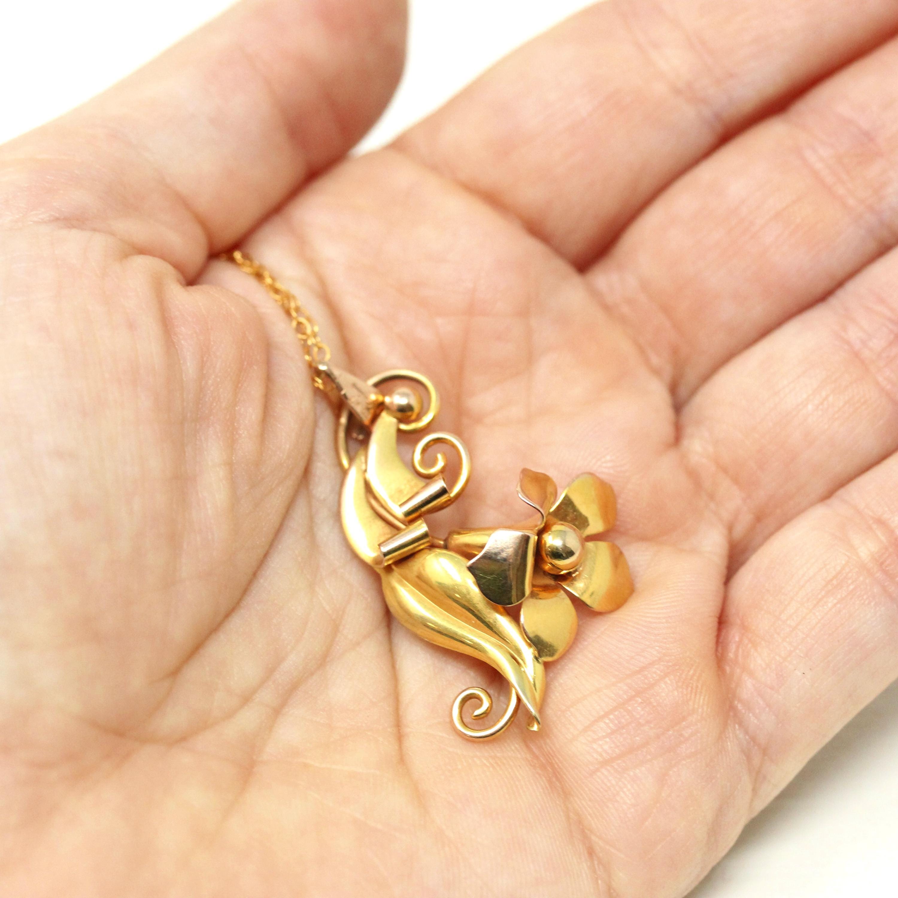 Vintage Flower Pendant - Retro 10k Two Tone Rose & Yellow Gold Necklace - Circa 1940s Era Trumpet Floral Carl Art Accessory Fine Jewelry