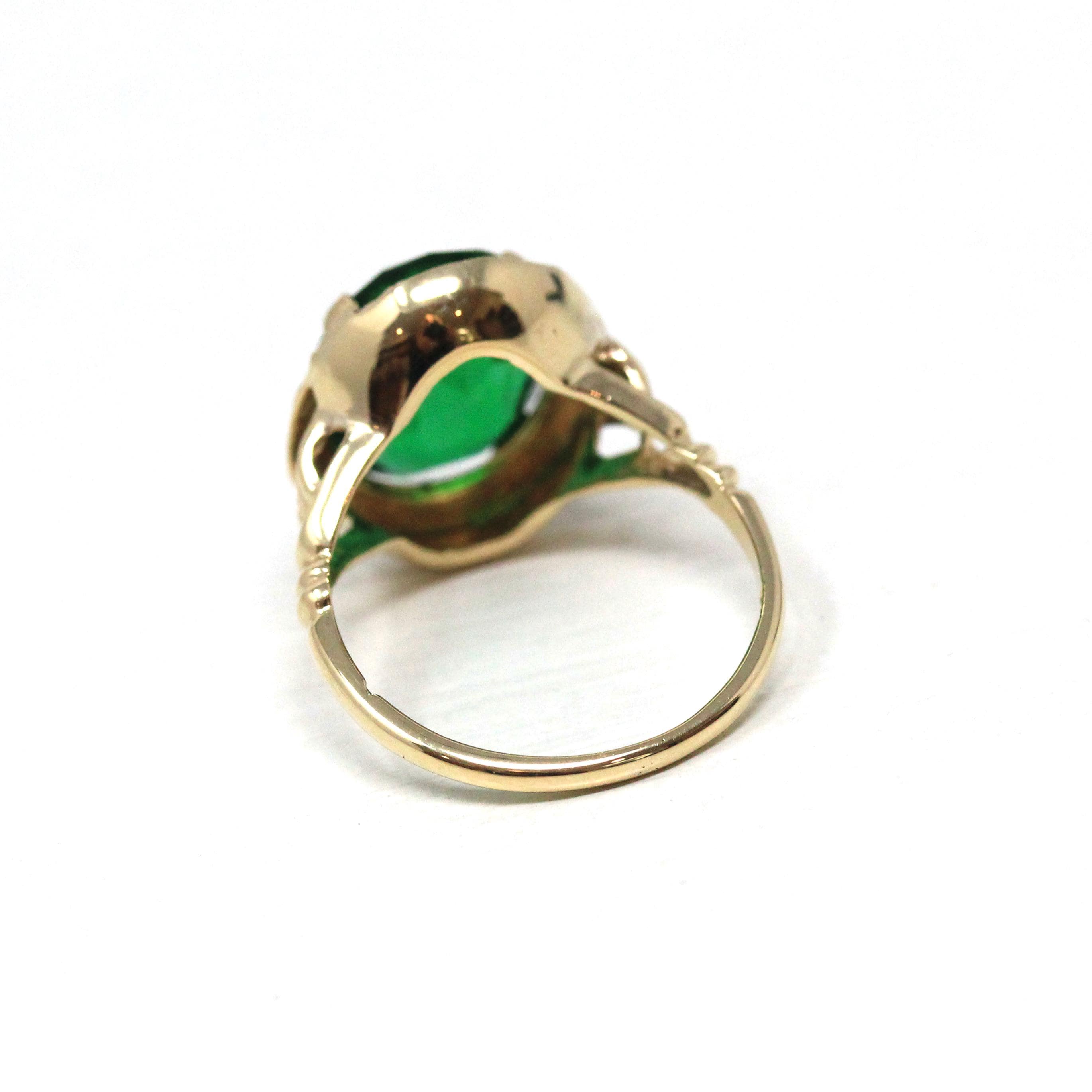 Simulated Emerald Ring - Retro Era 10k Yellow Gold Oval Faceted Green Glass Stone - Vintage 1940s Size 5 3/4 Fine May Birthstone Jewelry