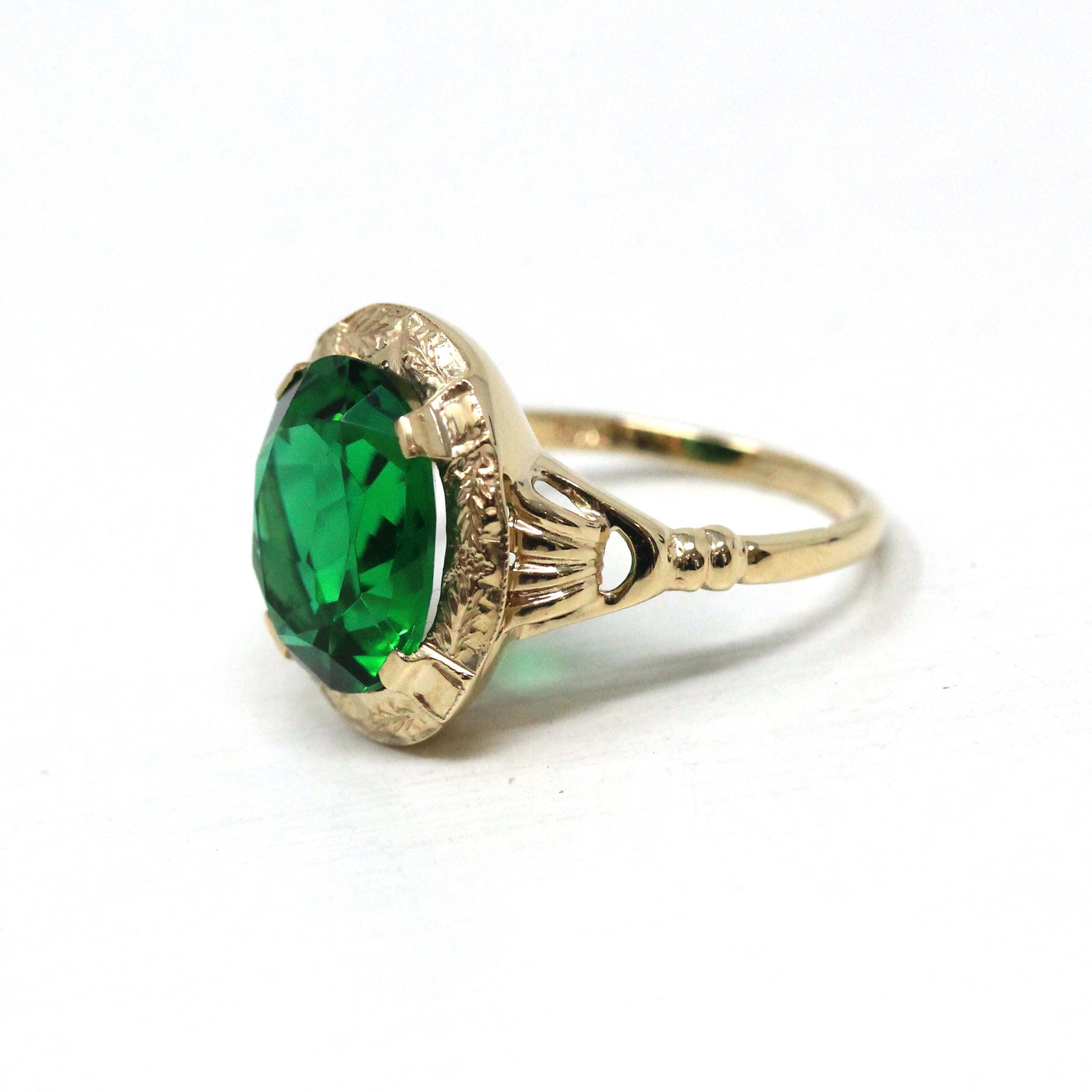 Simulated Emerald Ring - Retro Era 10k Yellow Gold Oval Faceted Green Glass Stone - Vintage 1940s Size 5 3/4 Fine May Birthstone Jewelry