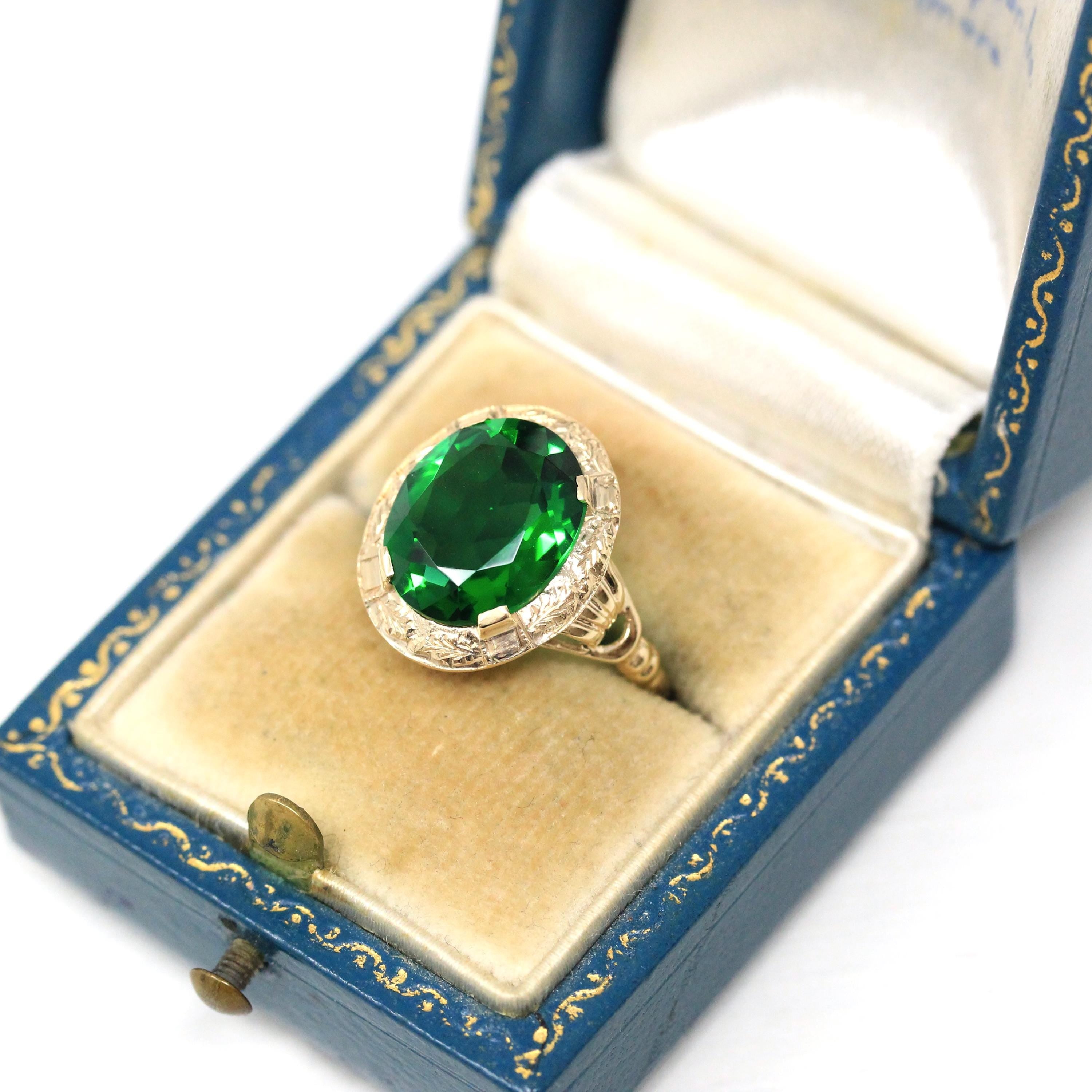 Simulated Emerald Ring - Retro Era 10k Yellow Gold Oval Faceted Green Glass Stone - Vintage 1940s Size 5 3/4 Fine May Birthstone Jewelry