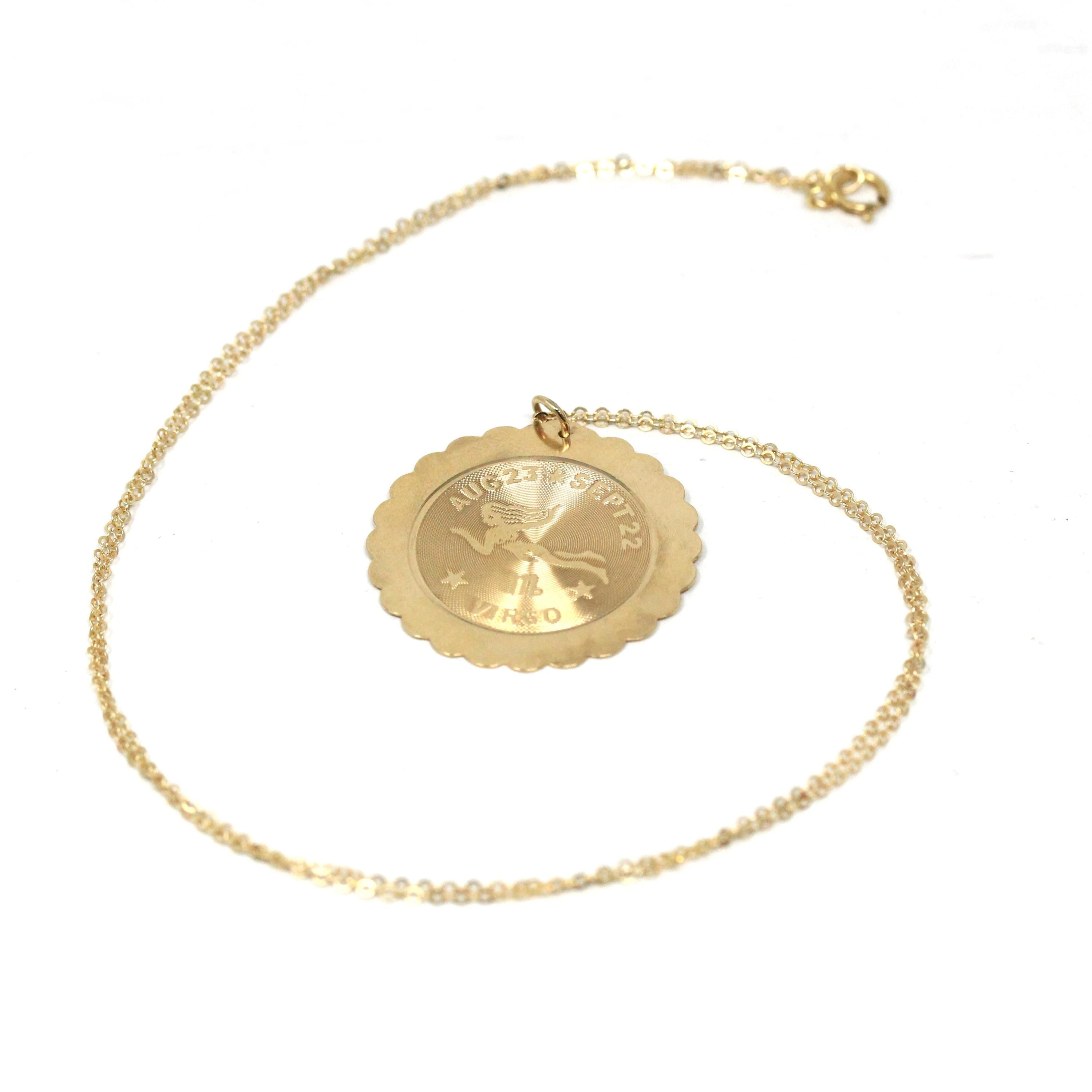 Vintage Virgo Pendant - Retro 14k Yellow Gold Maiden Astrological Sign Charm Necklace - Circa 1970s Zodiac Celestial Earth Element Jewelry