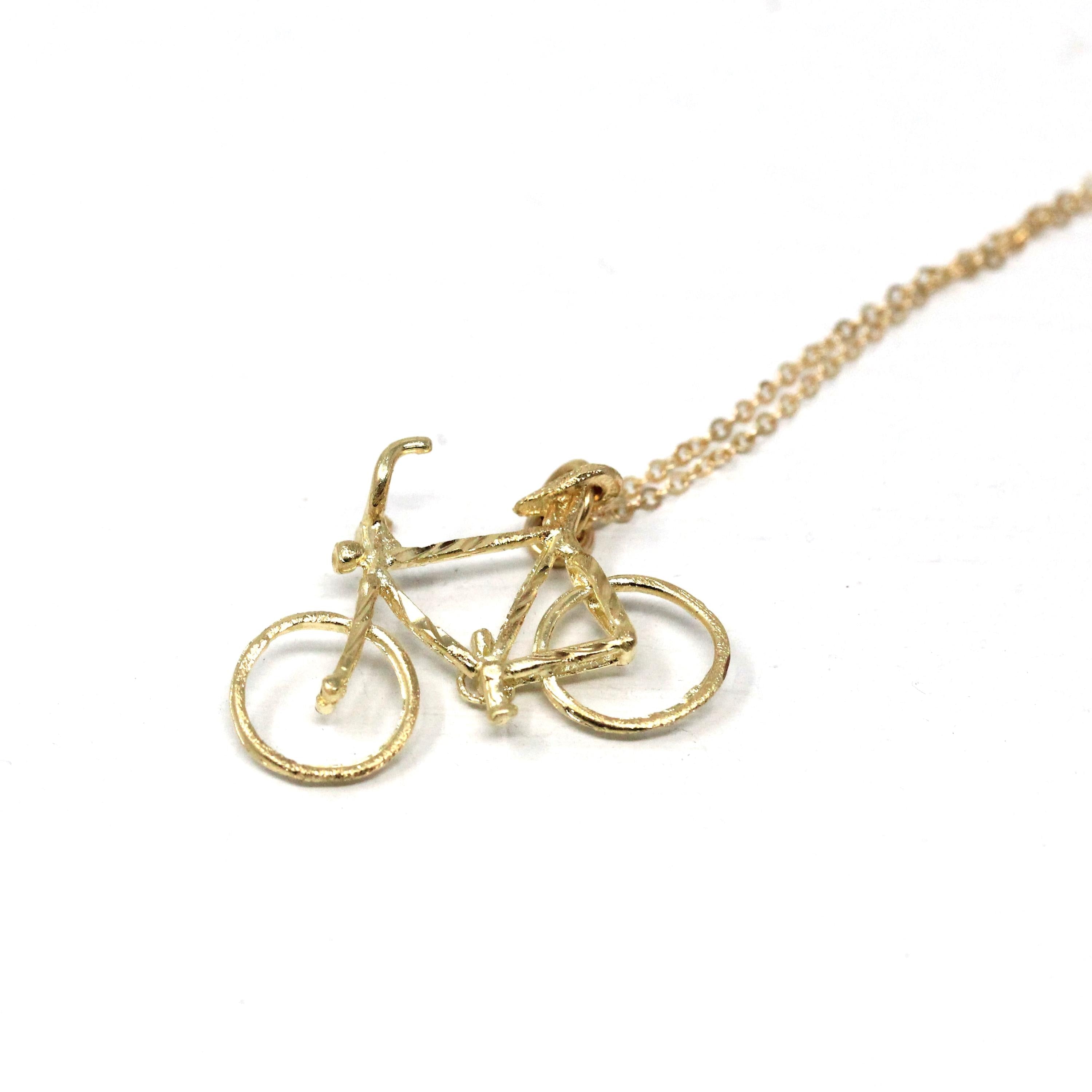 Estate Bike Charm - Modern 14k Yellow Gold Figural Bicycle Pendant Necklace - Y2K 2000s Era Transportation Sport Statement Fine Jewelry