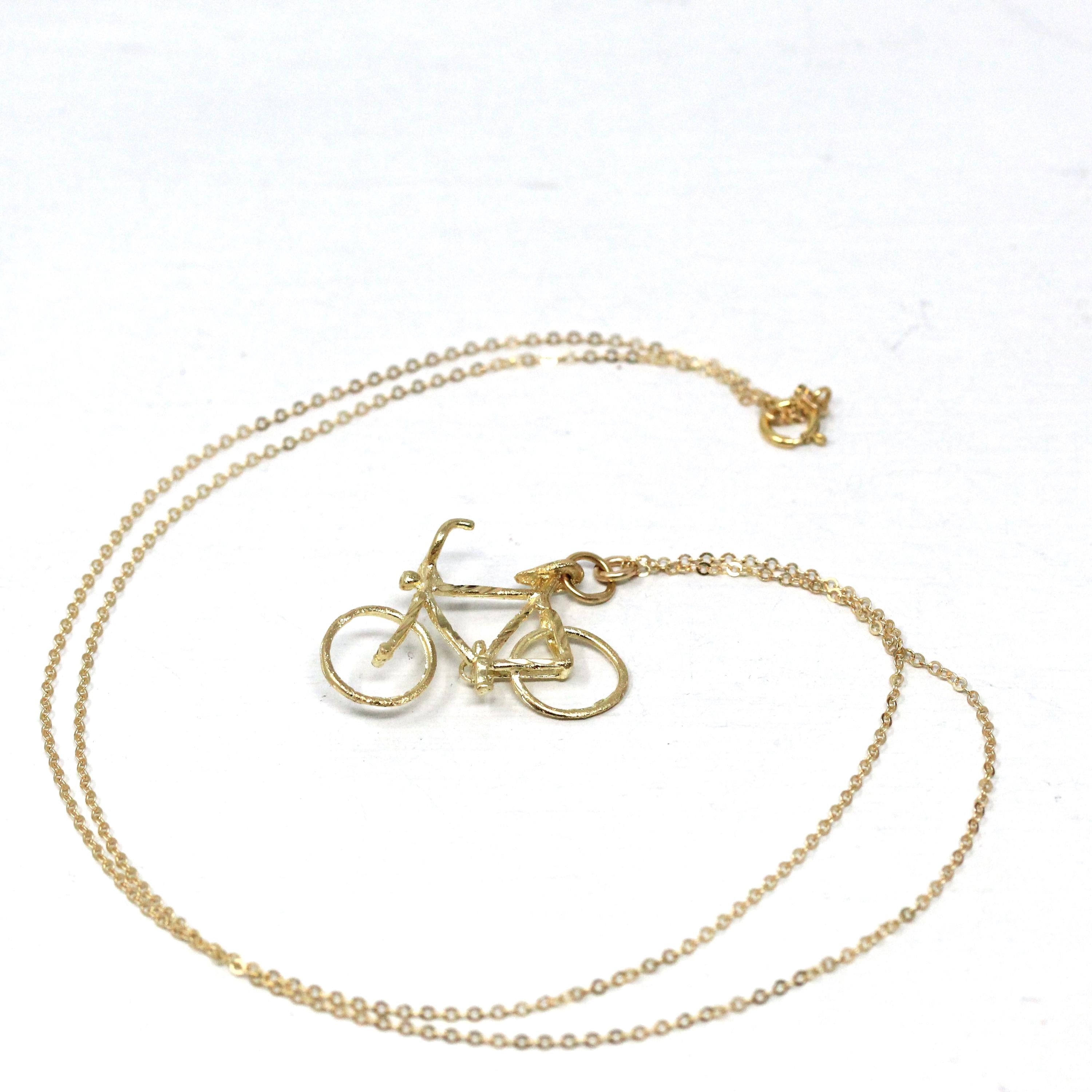 Estate Bike Charm - Modern 14k Yellow Gold Figural Bicycle Pendant Necklace - Y2K 2000s Era Transportation Sport Statement Fine Jewelry