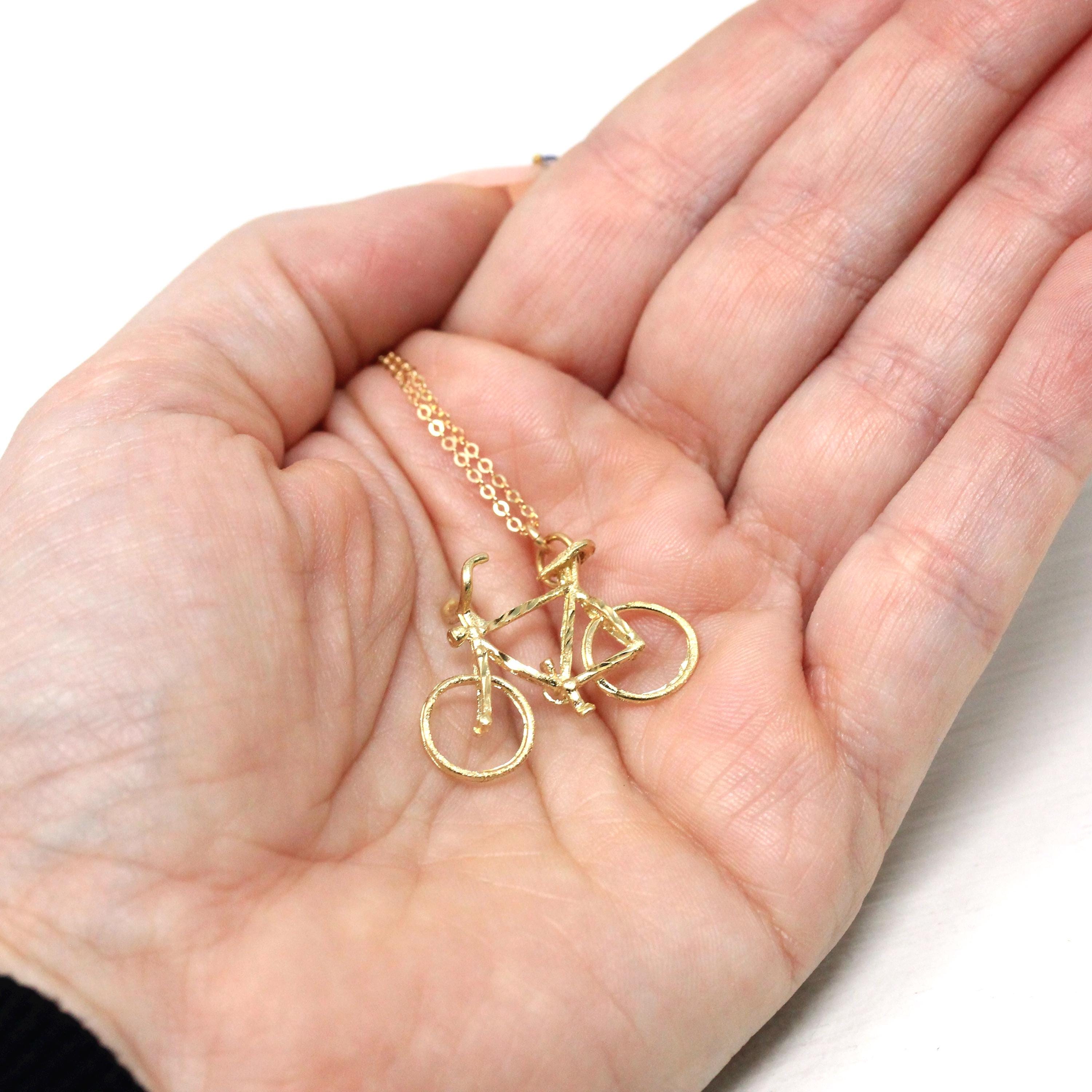 Estate Bike Charm - Modern 14k Yellow Gold Figural Bicycle Pendant Necklace - Y2K 2000s Era Transportation Sport Statement Fine Jewelry