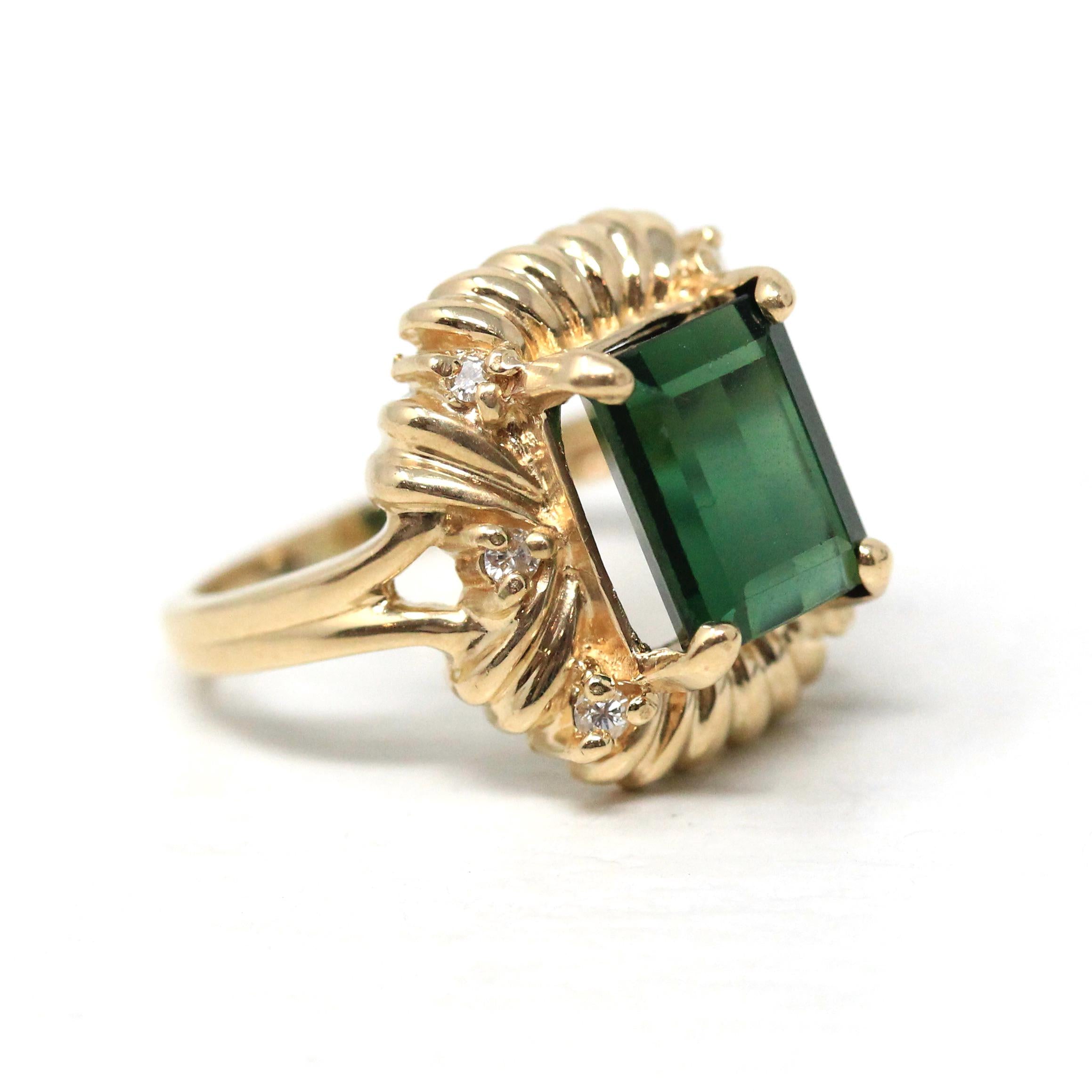 Green Tourmaline Ring - Modern 14k Yellow Gold Faceted Green 3.00 CT Gemstone Statement - Circa 2000s Diamond Accent October Fine Jewelry