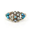 Antique Flower Ring - Victorian 10k Yellow Gold Turquoise and Pearl Gemstones - Vintage 1800s Cabochon Fine Secret Compartment Hair Jewelry
