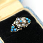 Antique Flower Ring - Victorian 10k Yellow Gold Turquoise and Pearl Gemstones - Vintage 1800s Cabochon Fine Secret Compartment Hair Jewelry
