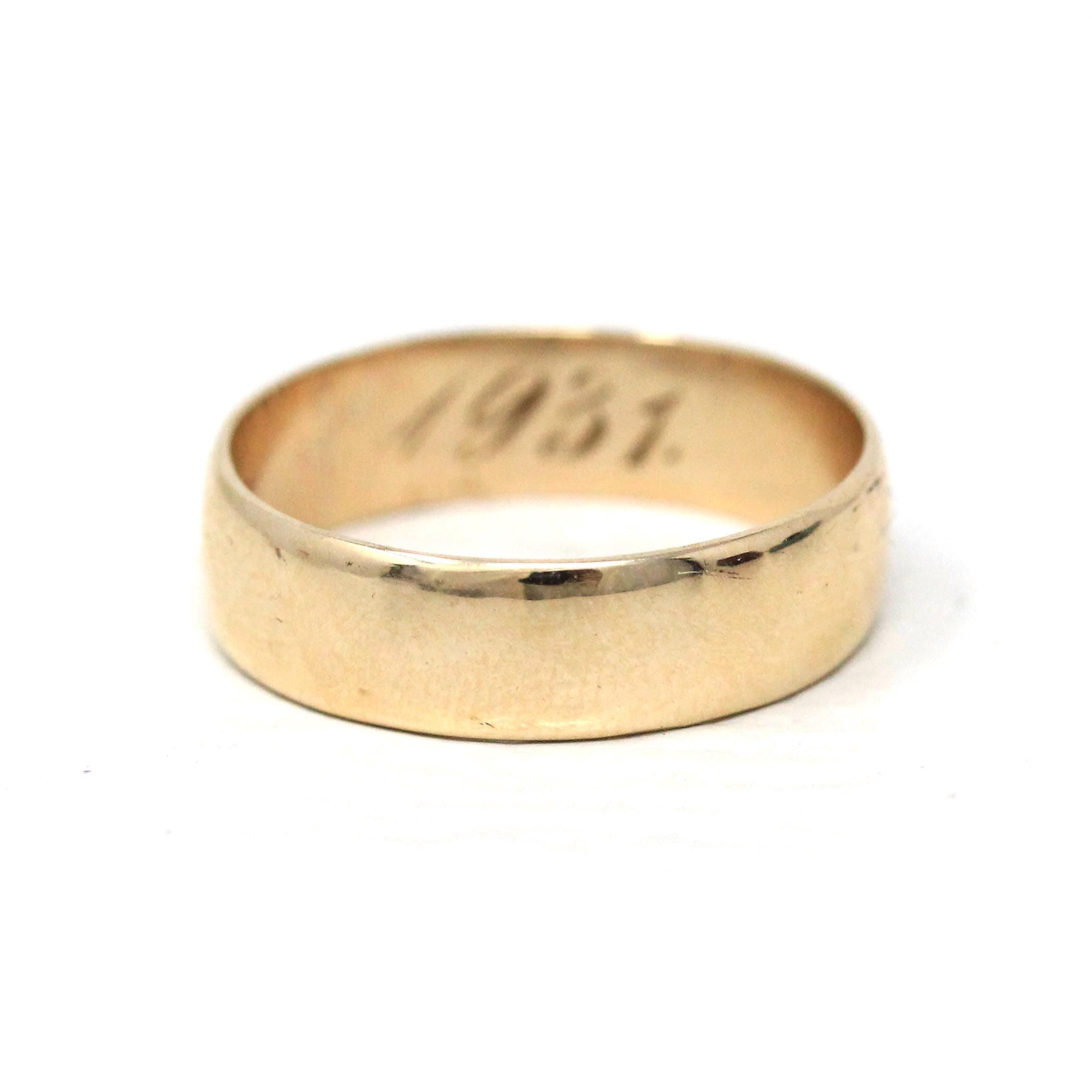 Art Deco Inscribed Wedding Band - Vintage 6k Yellow Gold Unadorned Plain Ring - Dated 1931 Size 6 1/2 Classic Simple Unisex 30s Fine Jewelry