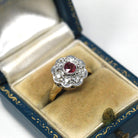 Art Deco Halo Ring - Antique 18k 10k Yellow White Gold Ruby Diamond Engagement - Vintage Hallmarked Birmingham 1922 Cluster Fine 20s Jewelry