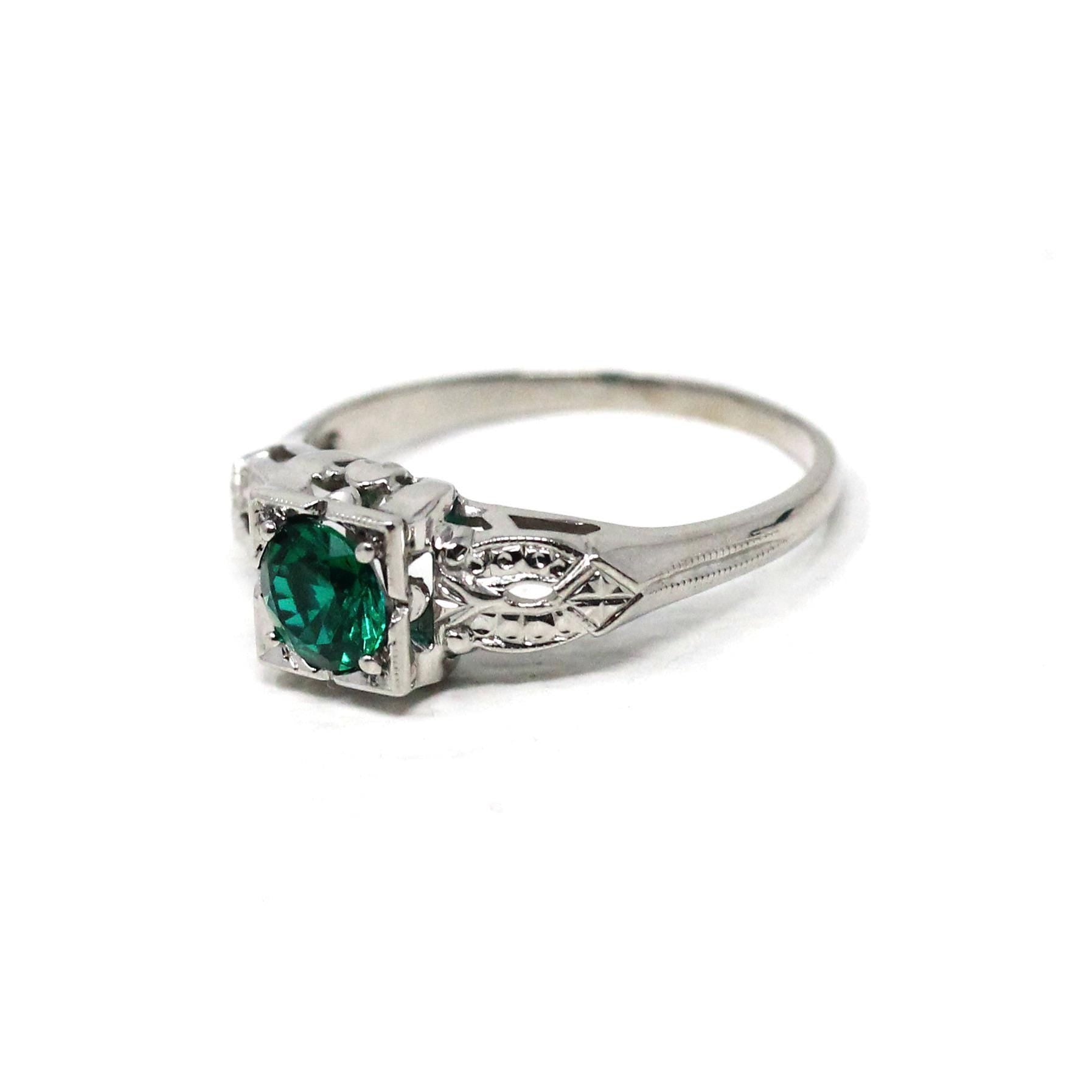Mid Century Ring - Vintage 14k White Gold Square Set Round Created Emerald Gemstone - Circa 1950s Era Size 6 3/4 Green Gem Fine 50s Jewelry