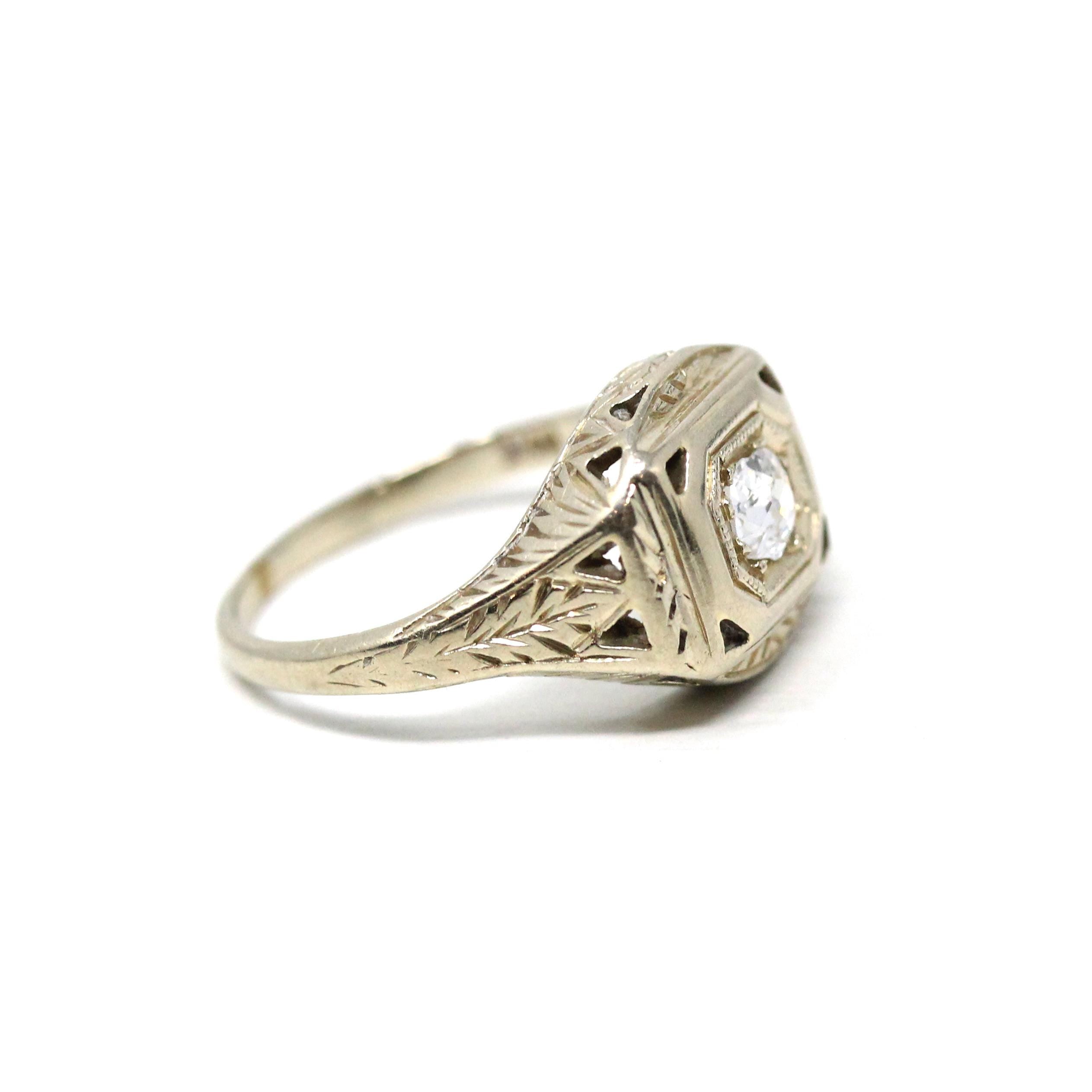 Old Mine Cut Diamond Ring - Art Deco Era 14k White Gold .20 CT Natural Gem - Vintage Circa 1930s Size 3.5 Engraved Fine Bridal Jewelry