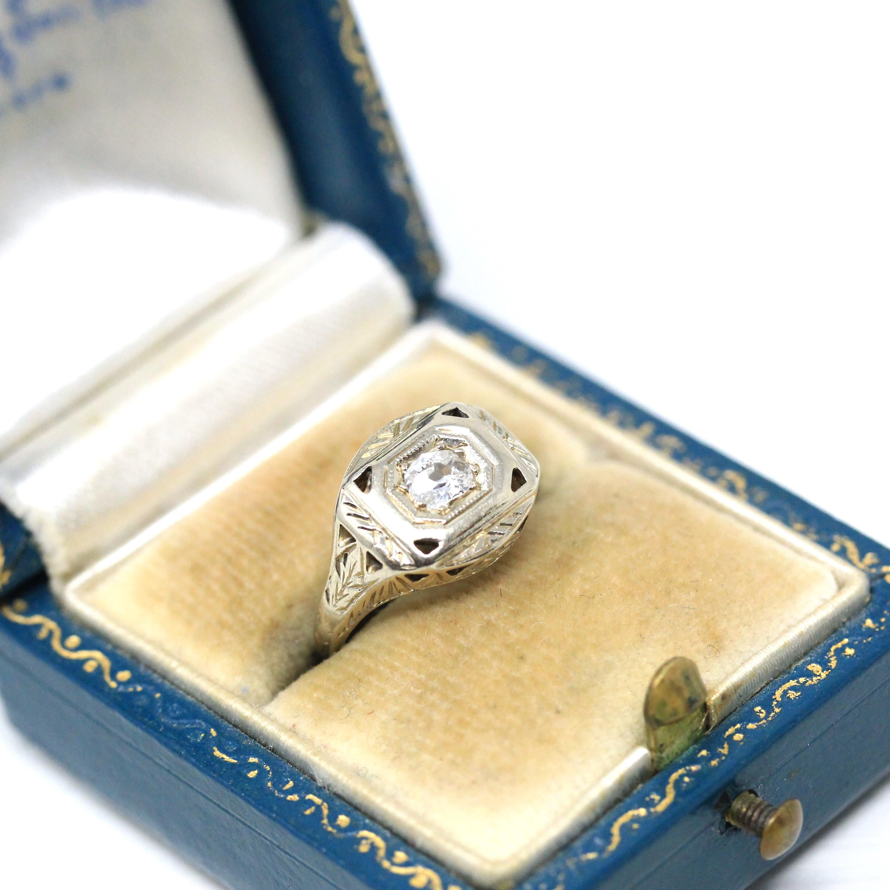 Old Mine Cut Diamond Ring - Art Deco Era 14k White Gold .20 CT Natural Gem - Vintage Circa 1930s Size 3.5 Engraved Fine Bridal Jewelry