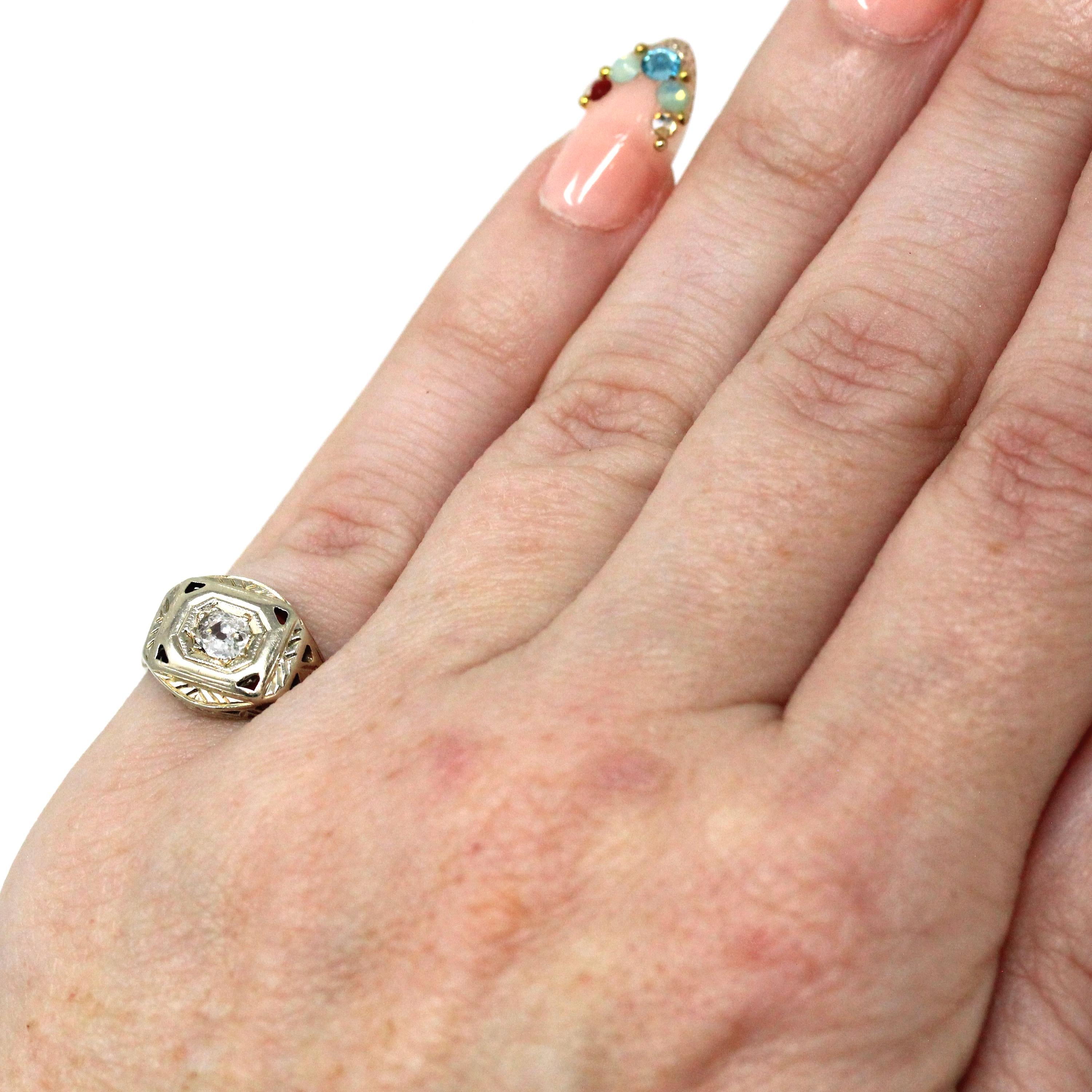 Old Mine Cut Diamond Ring - Art Deco Era 14k White Gold .20 CT Natural Gem - Vintage Circa 1930s Size 3.5 Engraved Fine Bridal Jewelry