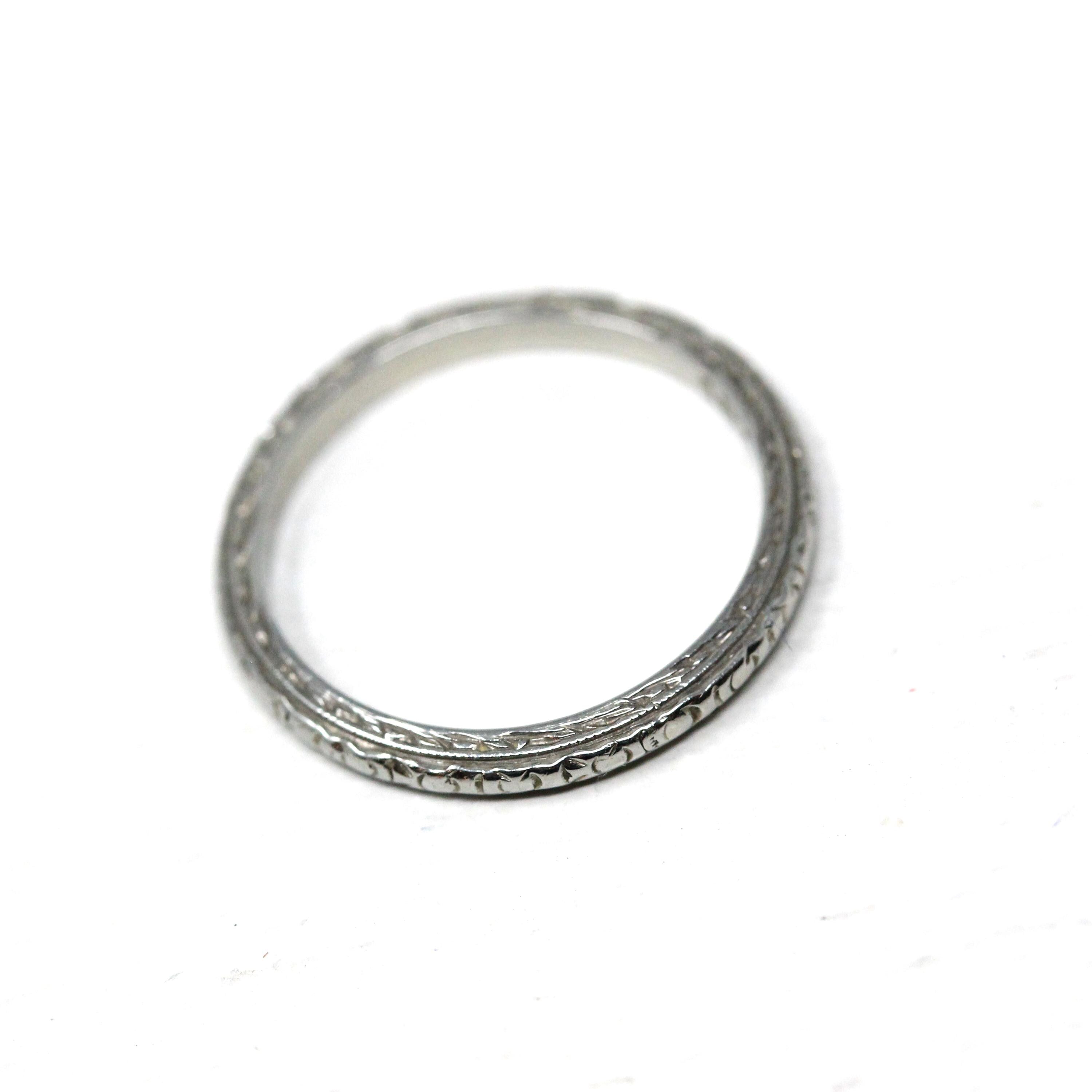 Antique Wedding Band - Art Deco Era 18k White Gold Eternity Floral Ring - Vintage Circa 1930s Size 4 3/4 Stacking Bridal Fine 30s Jewelry